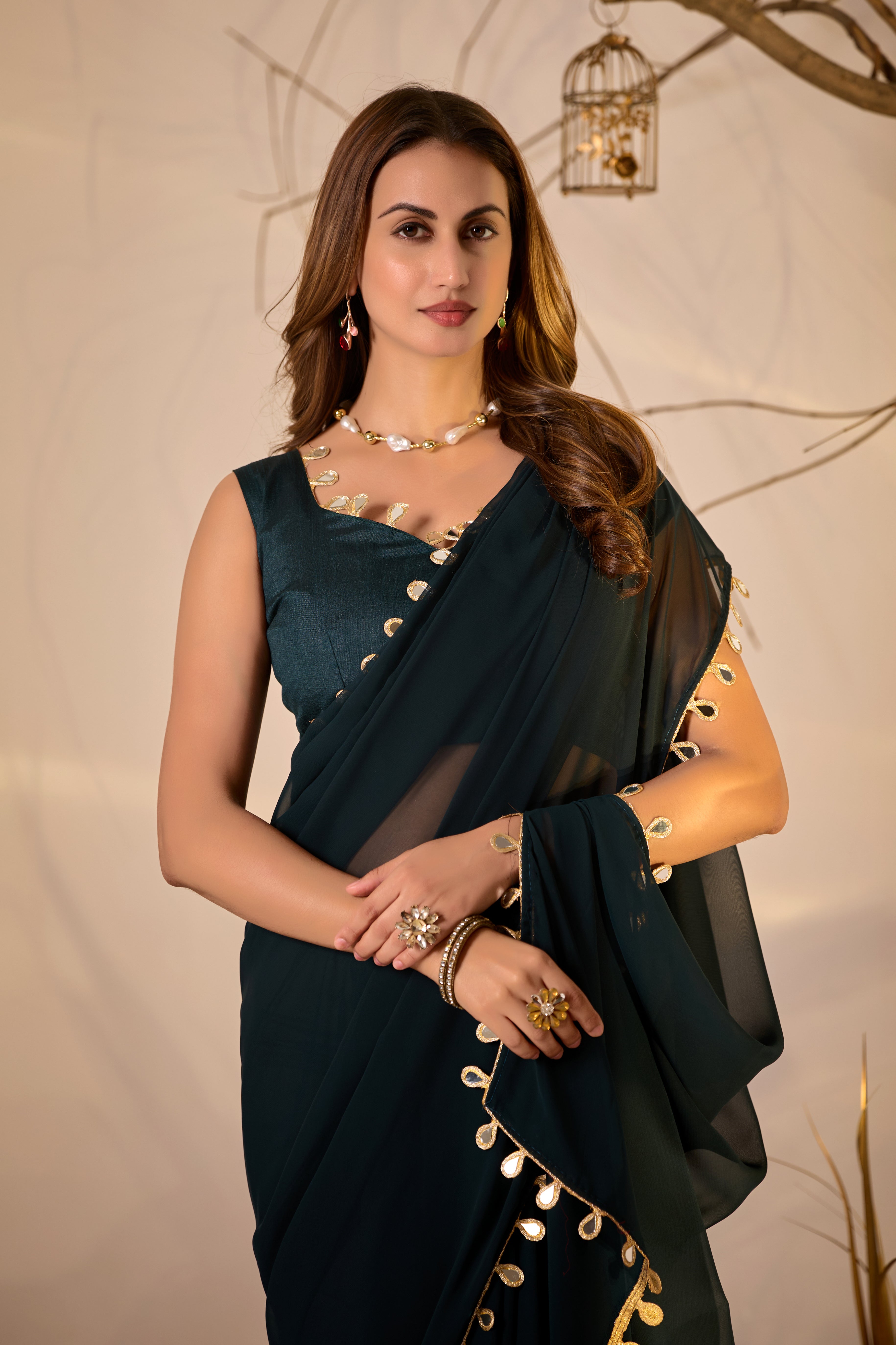 Georgette Saree with Teardrop Golden Border