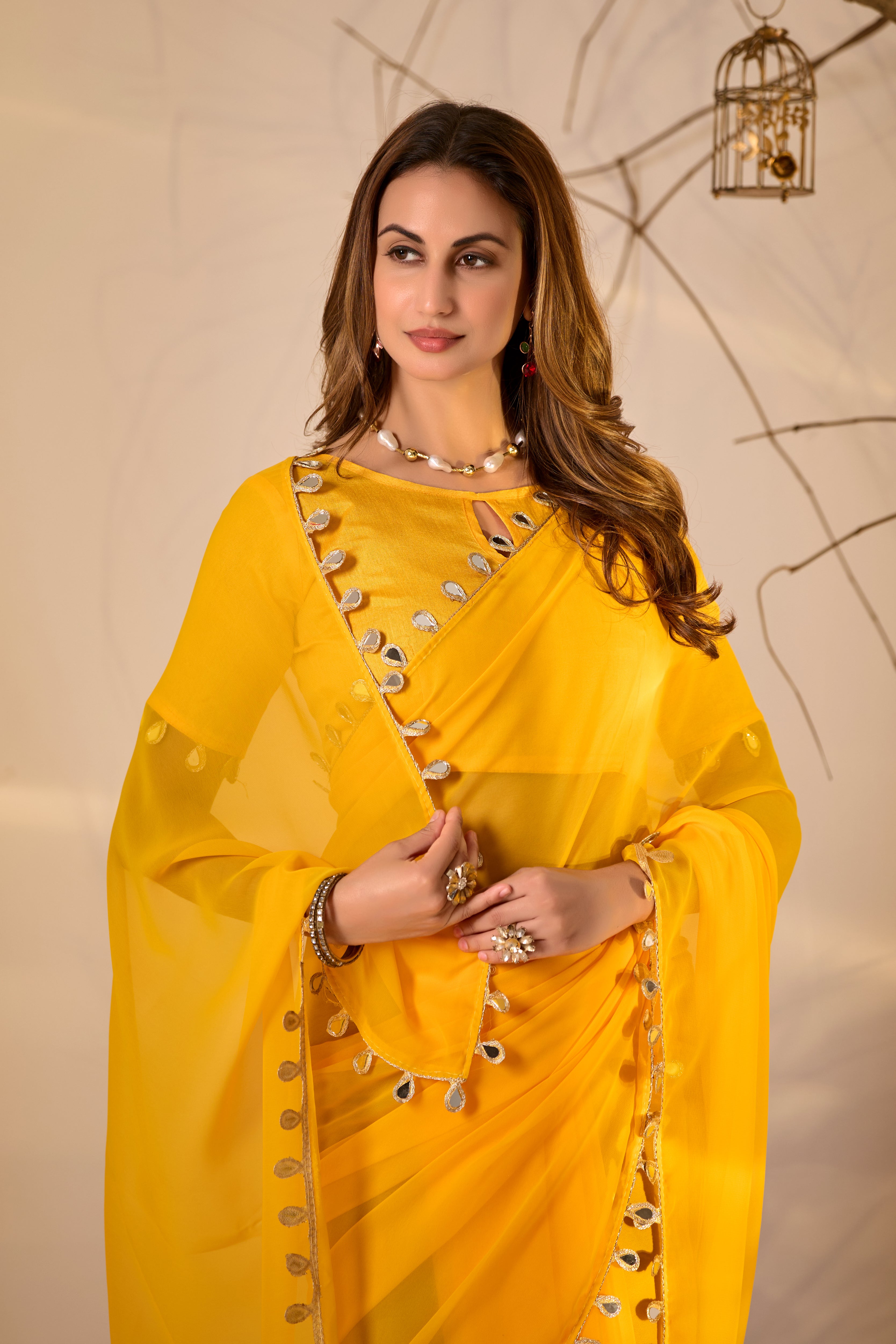Georgette Saree with Teardrop Golden Border