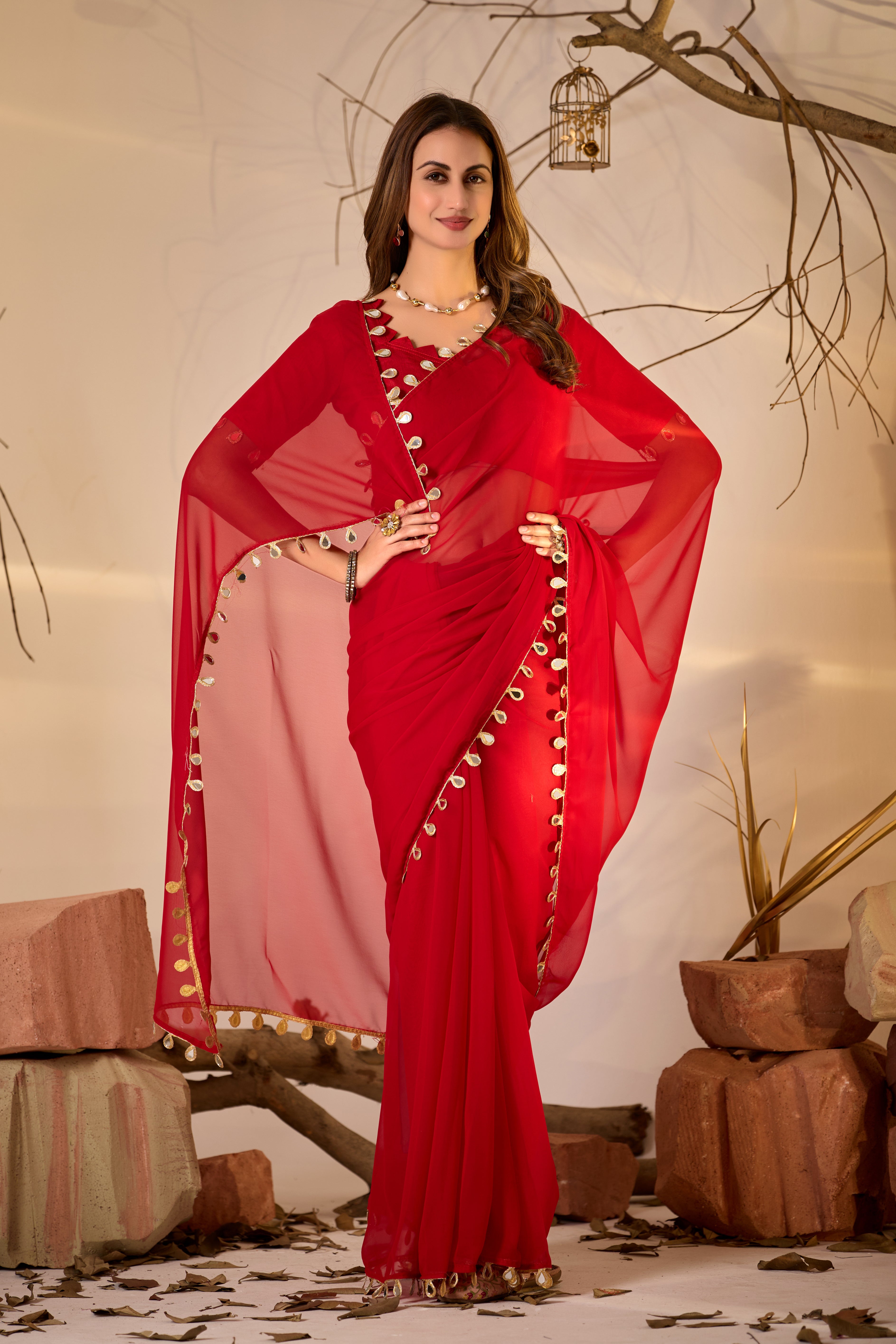 Georgette Saree with Teardrop Golden Border