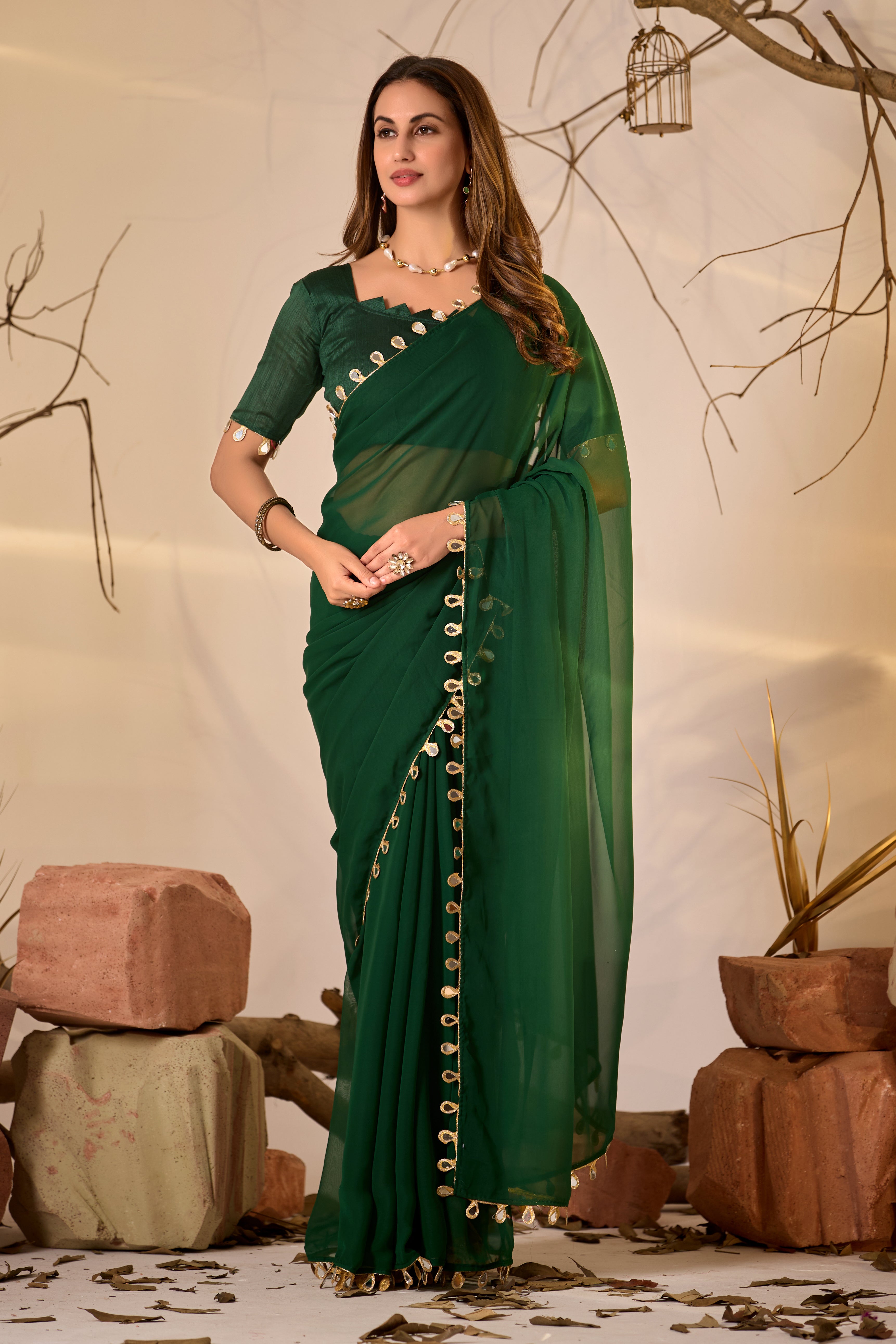 Georgette Saree with Teardrop Golden Border