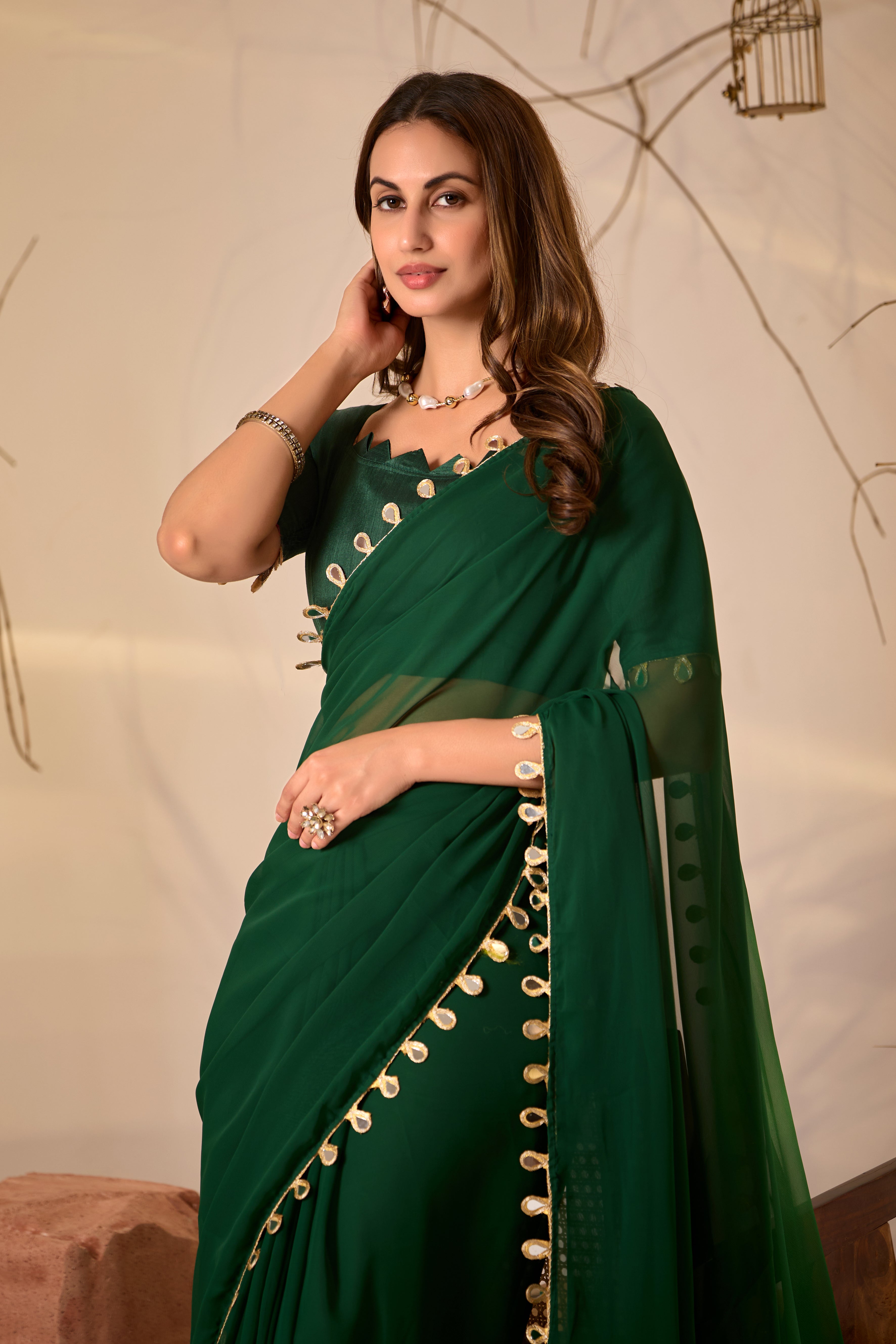 Georgette Saree with Teardrop Golden Border