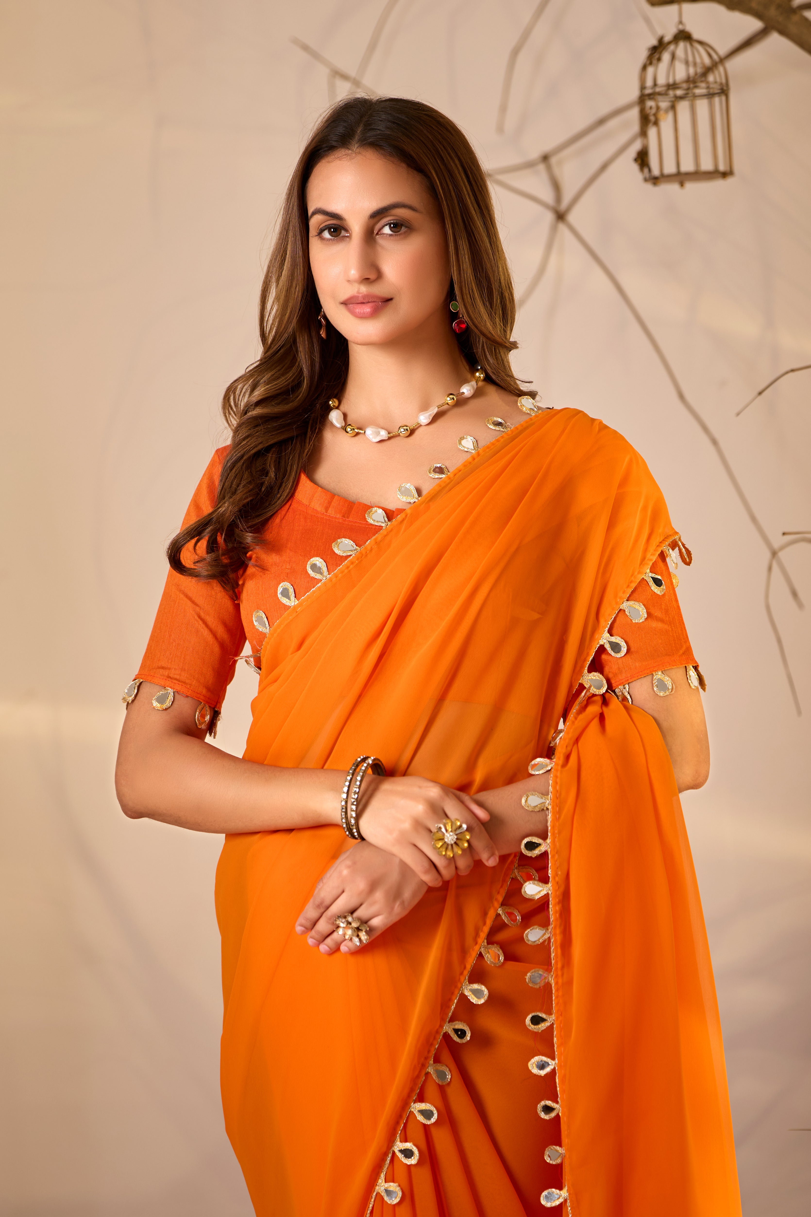 Georgette Saree with Teardrop Golden Border