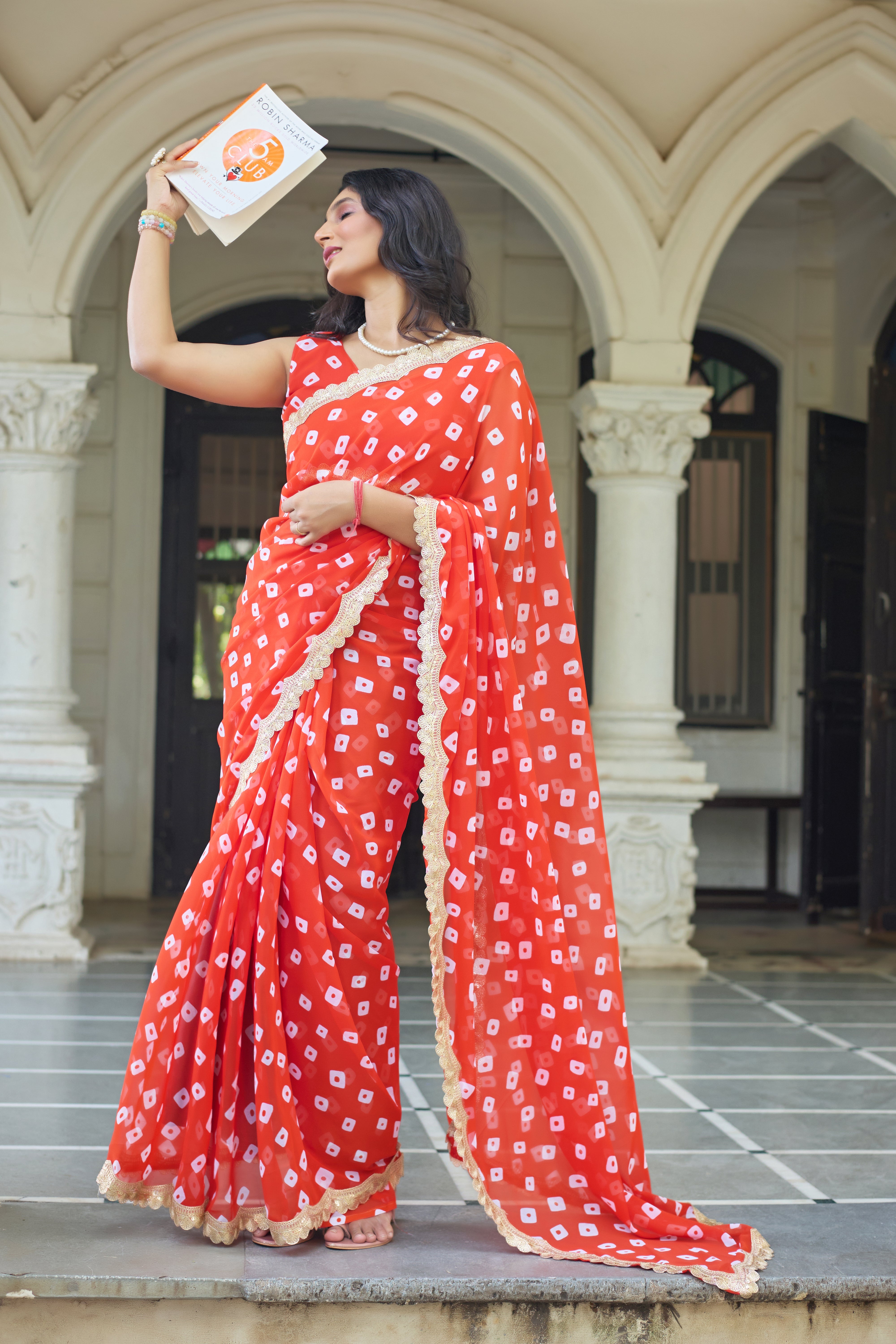 Fuchsia Bandhani Georgette Saree with Golden Lace Border
