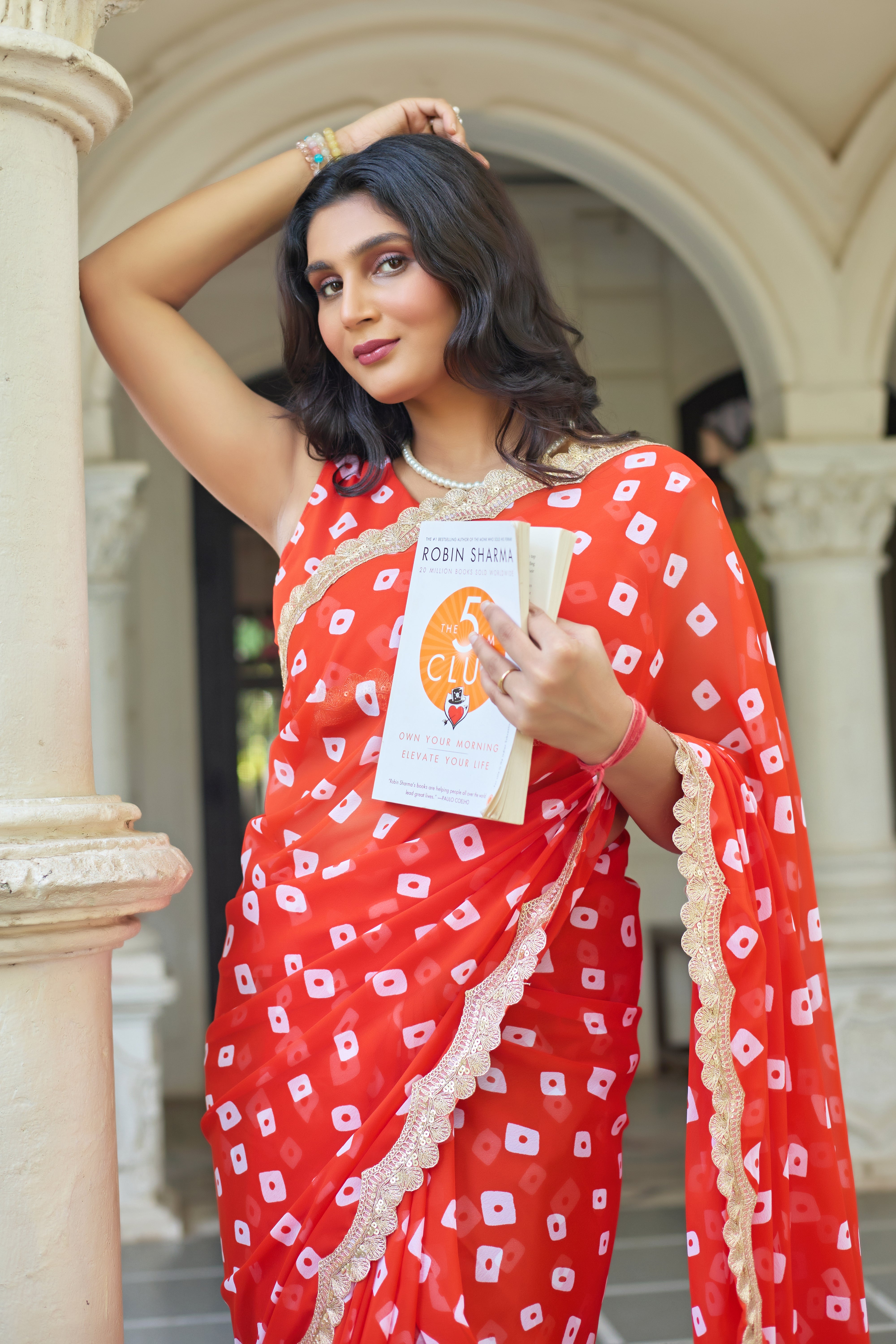 Fuchsia Bandhani Georgette Saree with Golden Lace Border