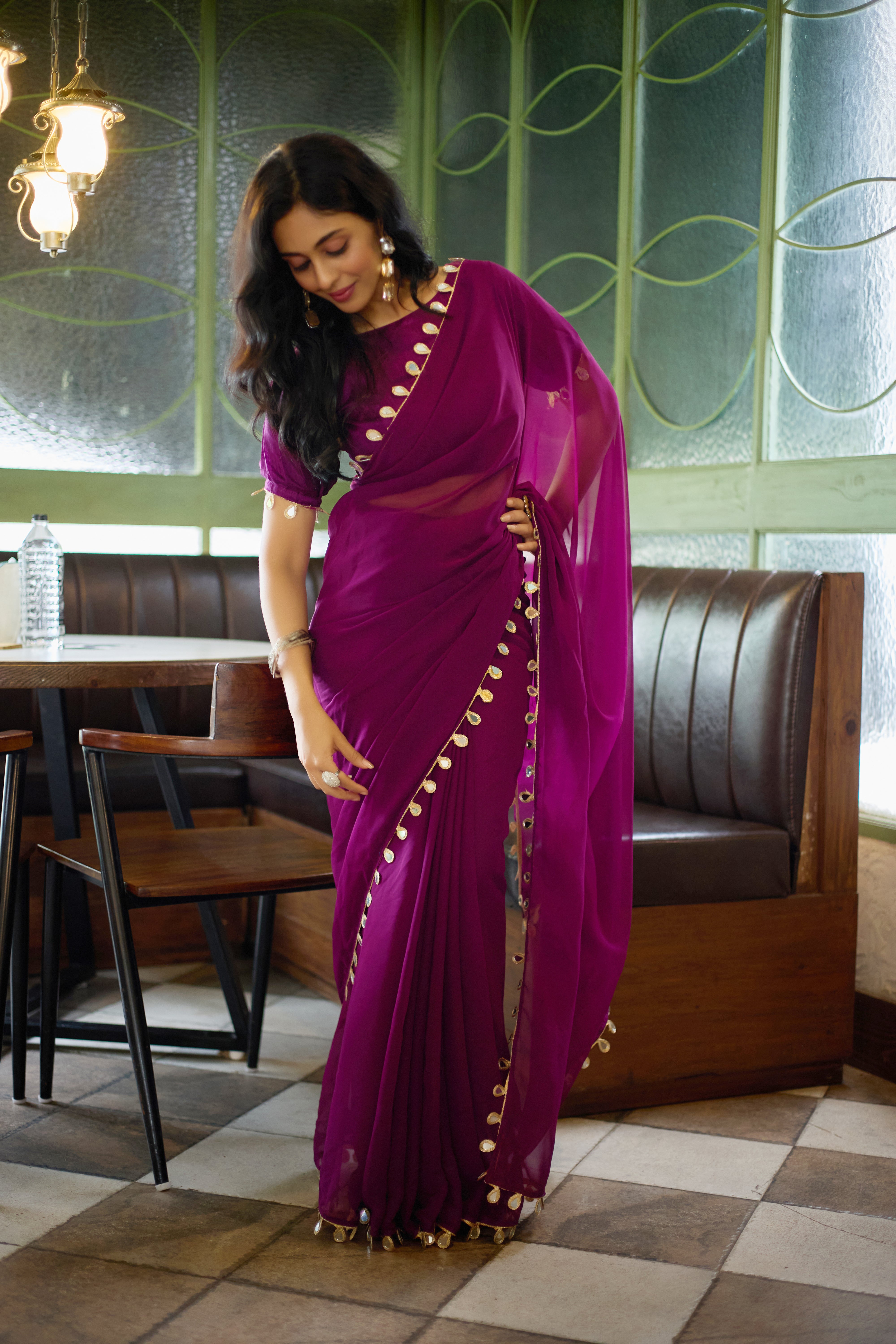 Royal Purple Georgette Saree with Golden Embellished Border