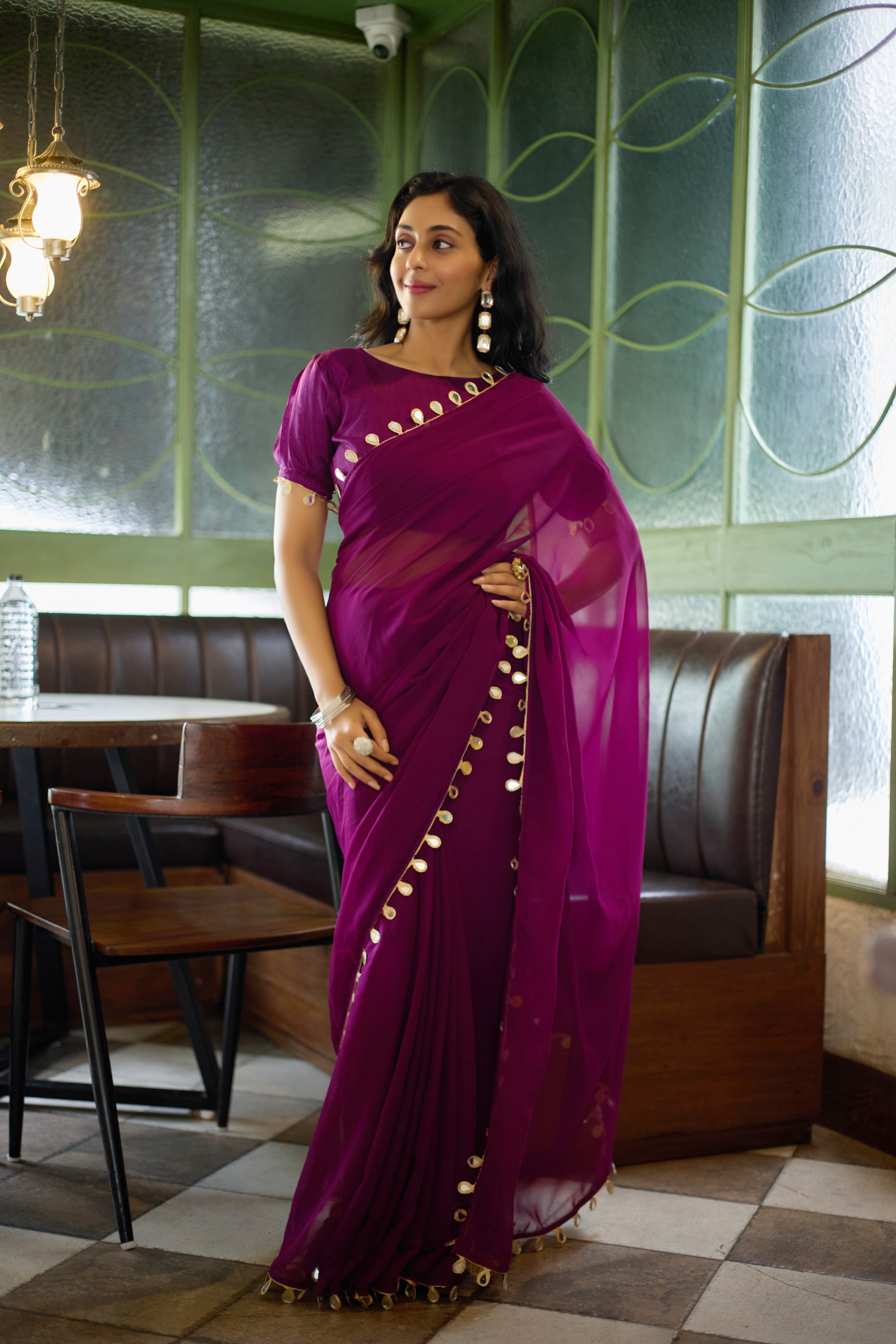 Royal Purple Georgette Saree with Golden Embellished Border