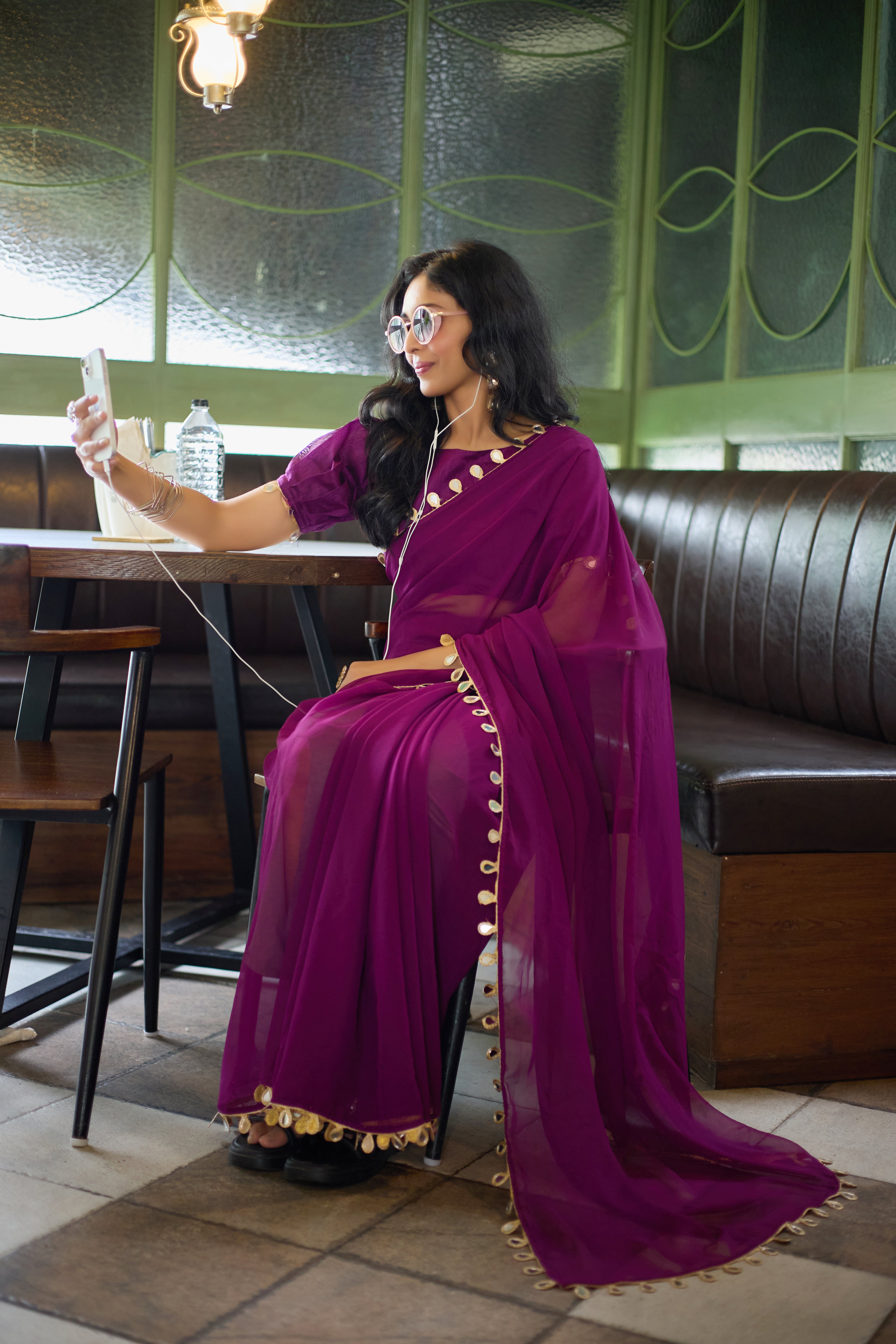 Royal Purple Georgette Saree with Golden Embellished Border