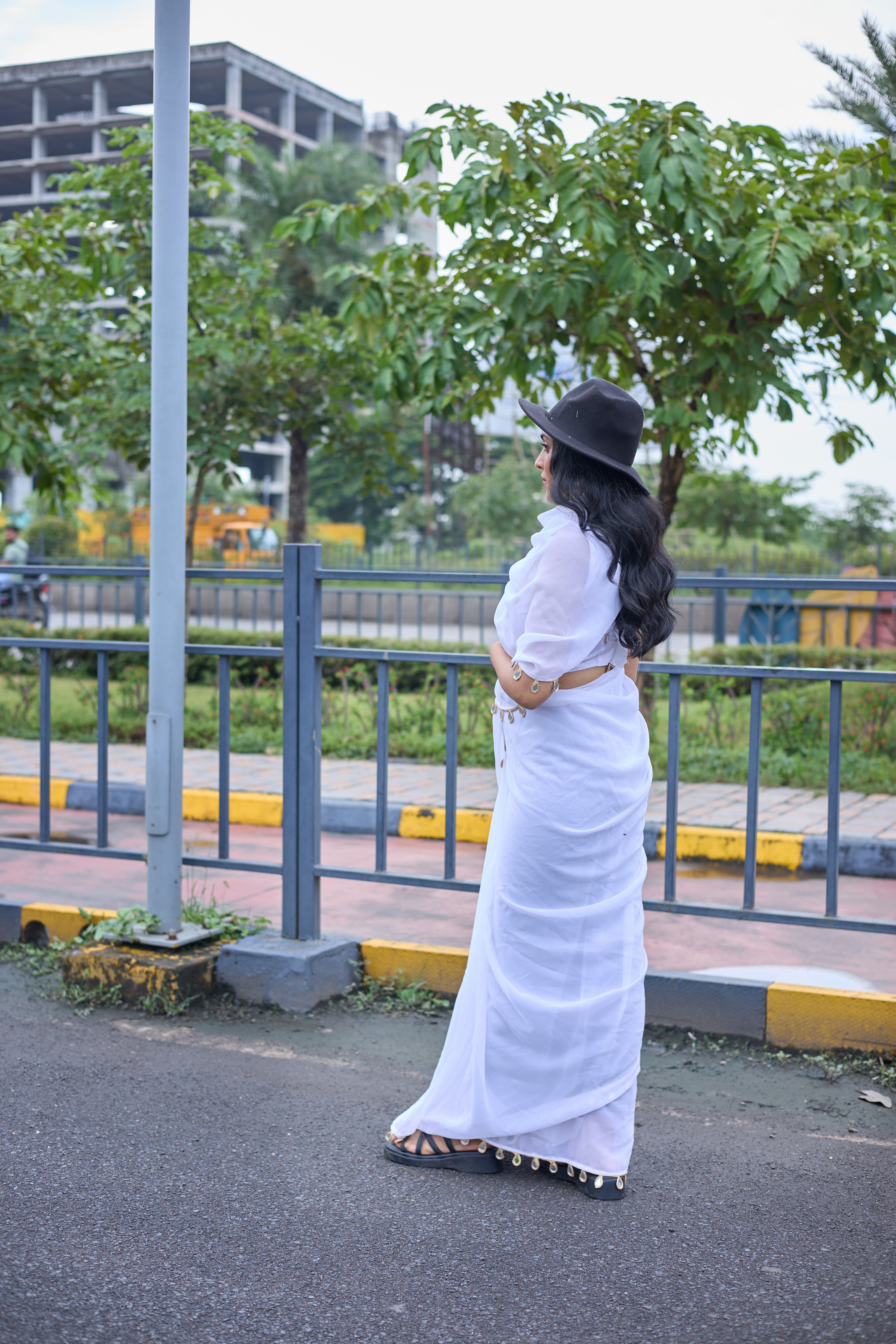 Ethereal White Georgette Saree with Mirror Work Border