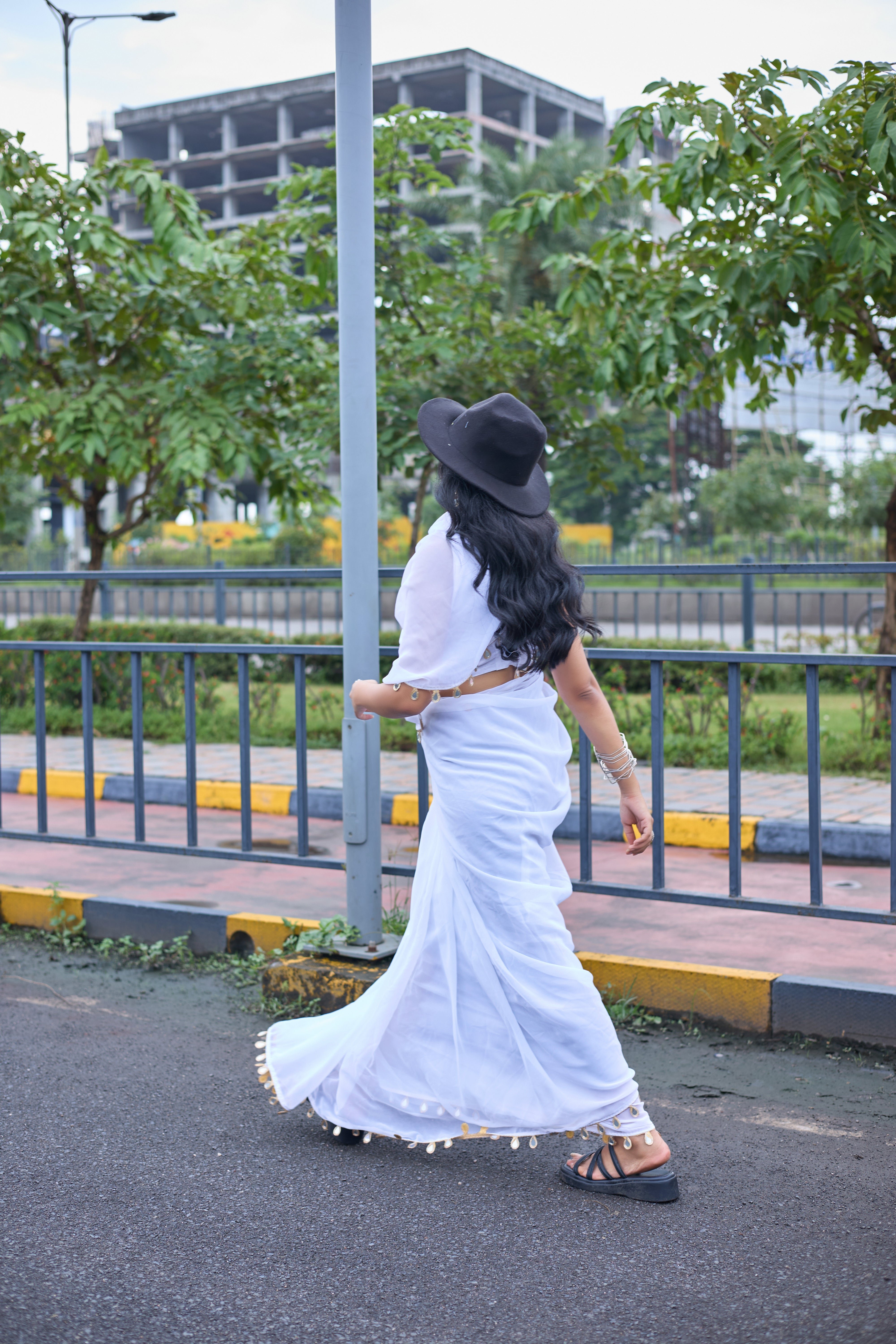Ethereal White Georgette Saree with Mirror Work Border