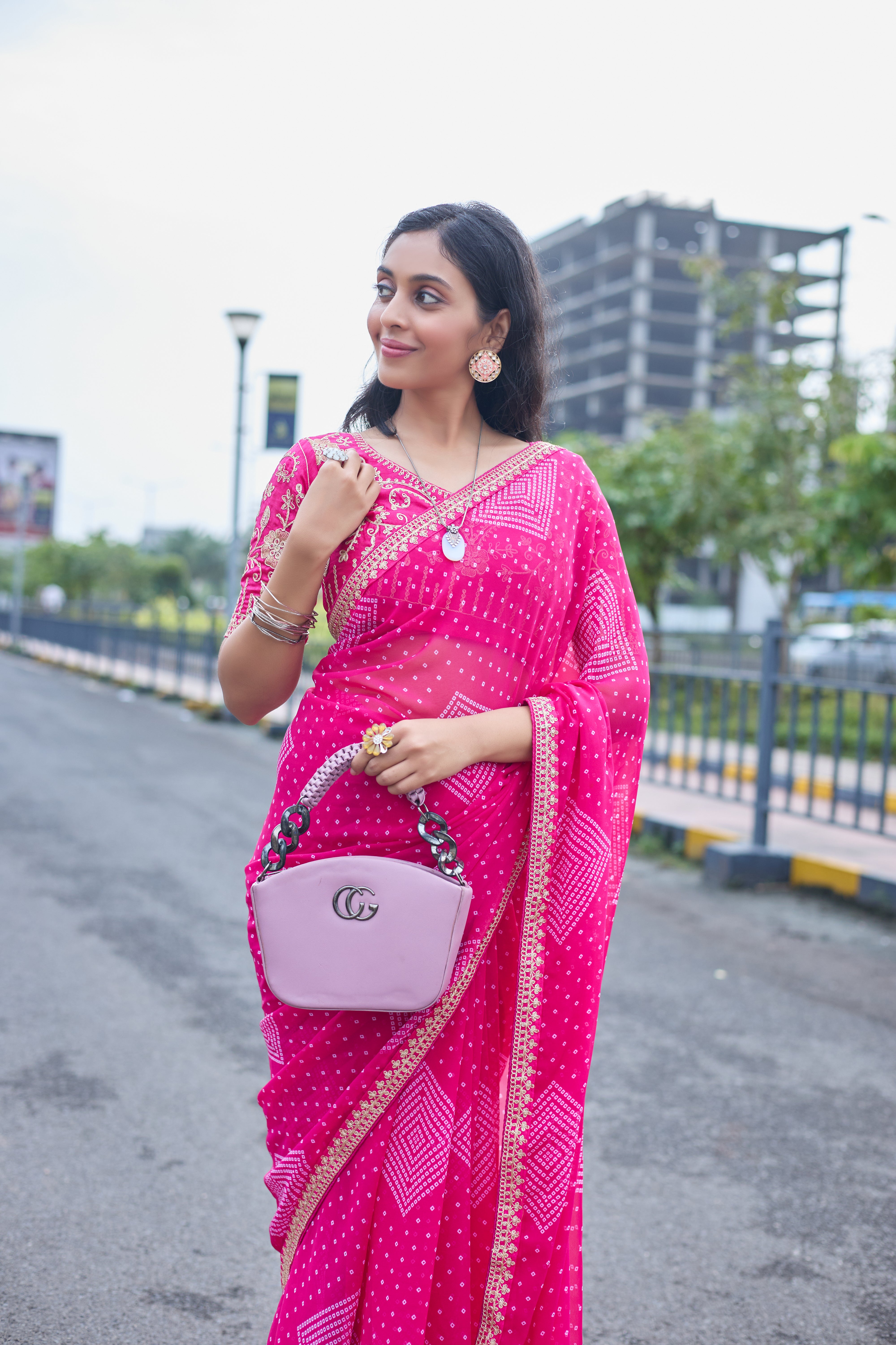 Fuchsia Radiance Bandhani Georgette Saree with Golden Lace Border