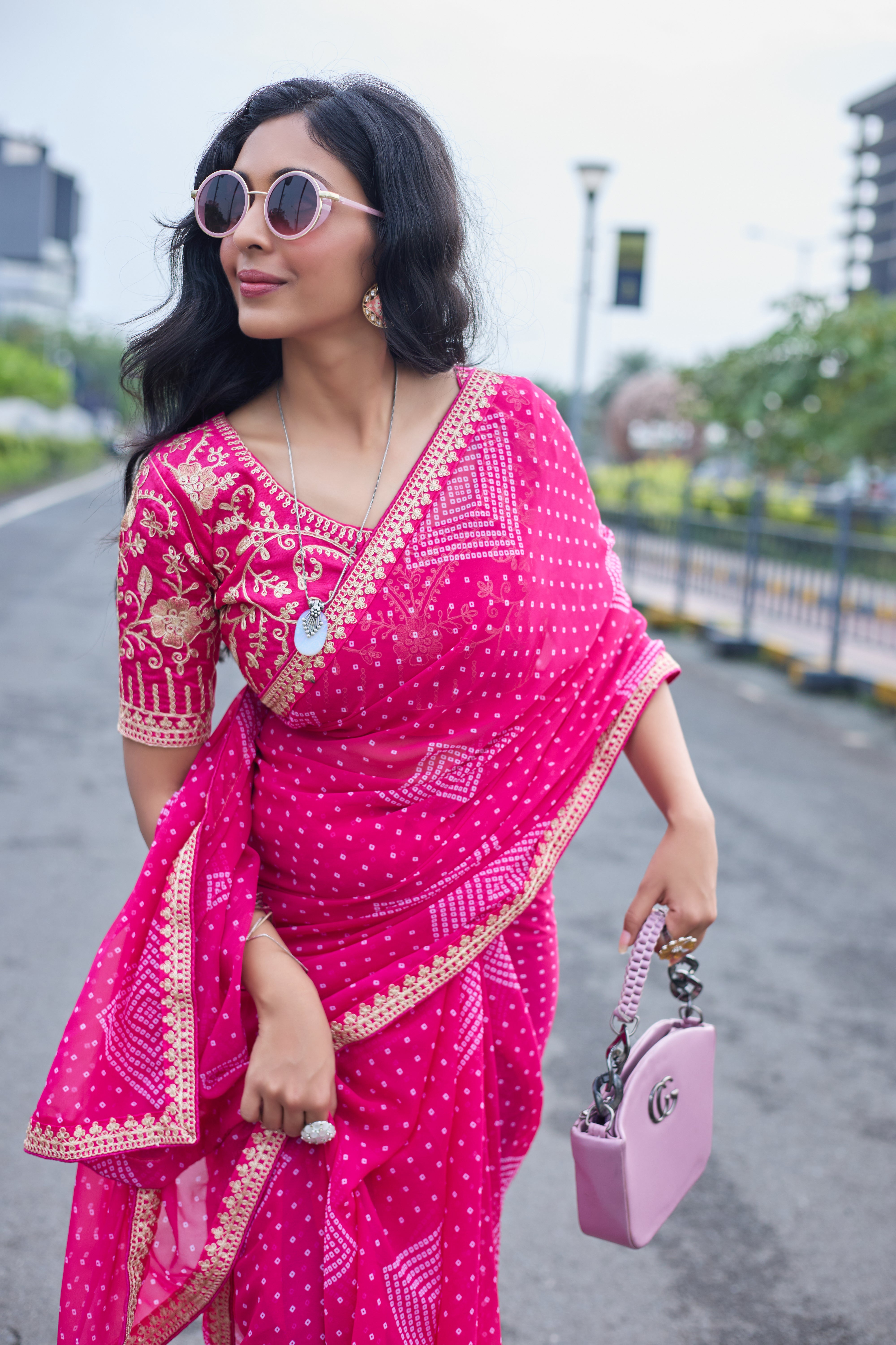 Fuchsia Radiance Bandhani Georgette Saree with Golden Lace Border