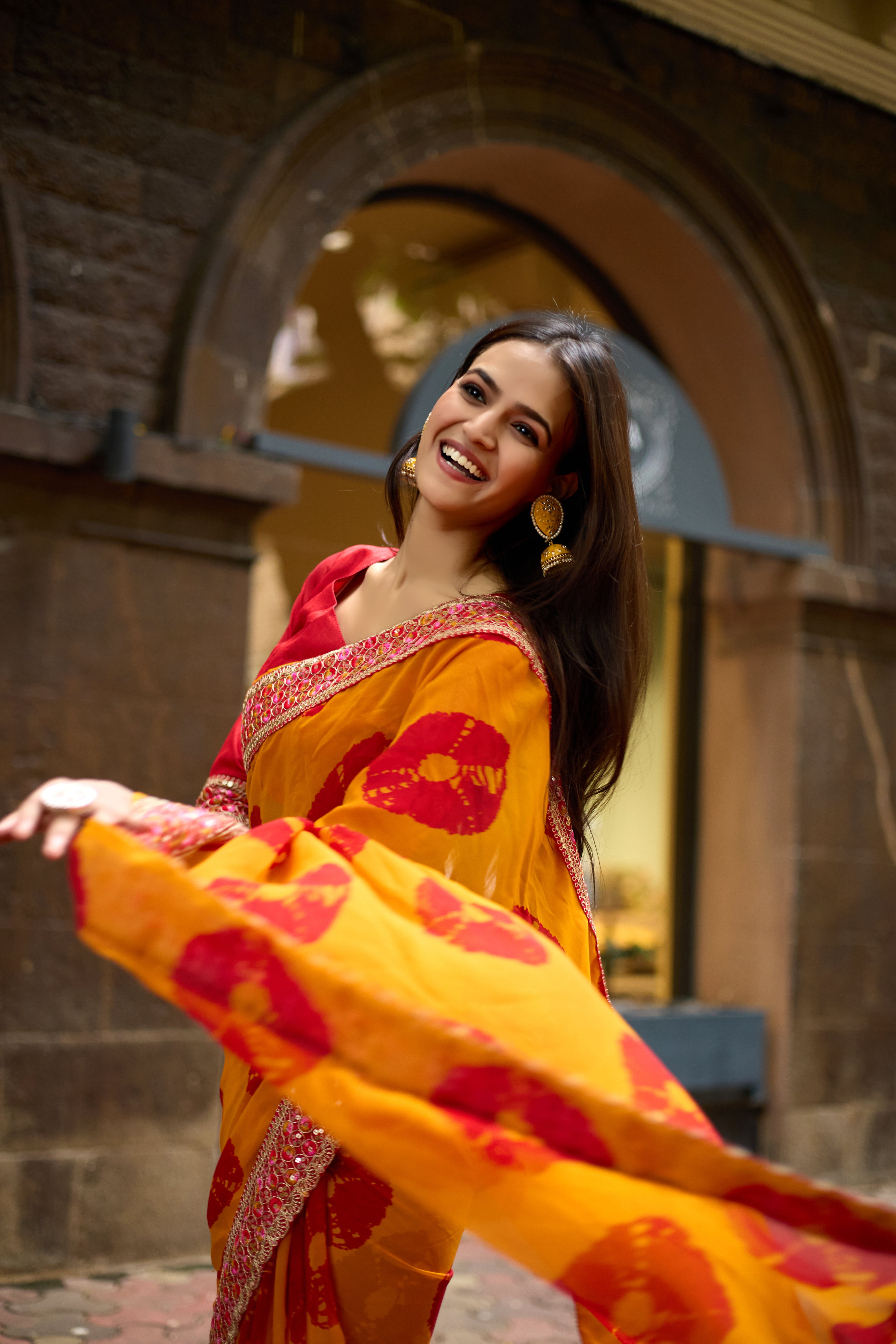 Vibrant Musted Batik Georgette Saree with Embroidered Border