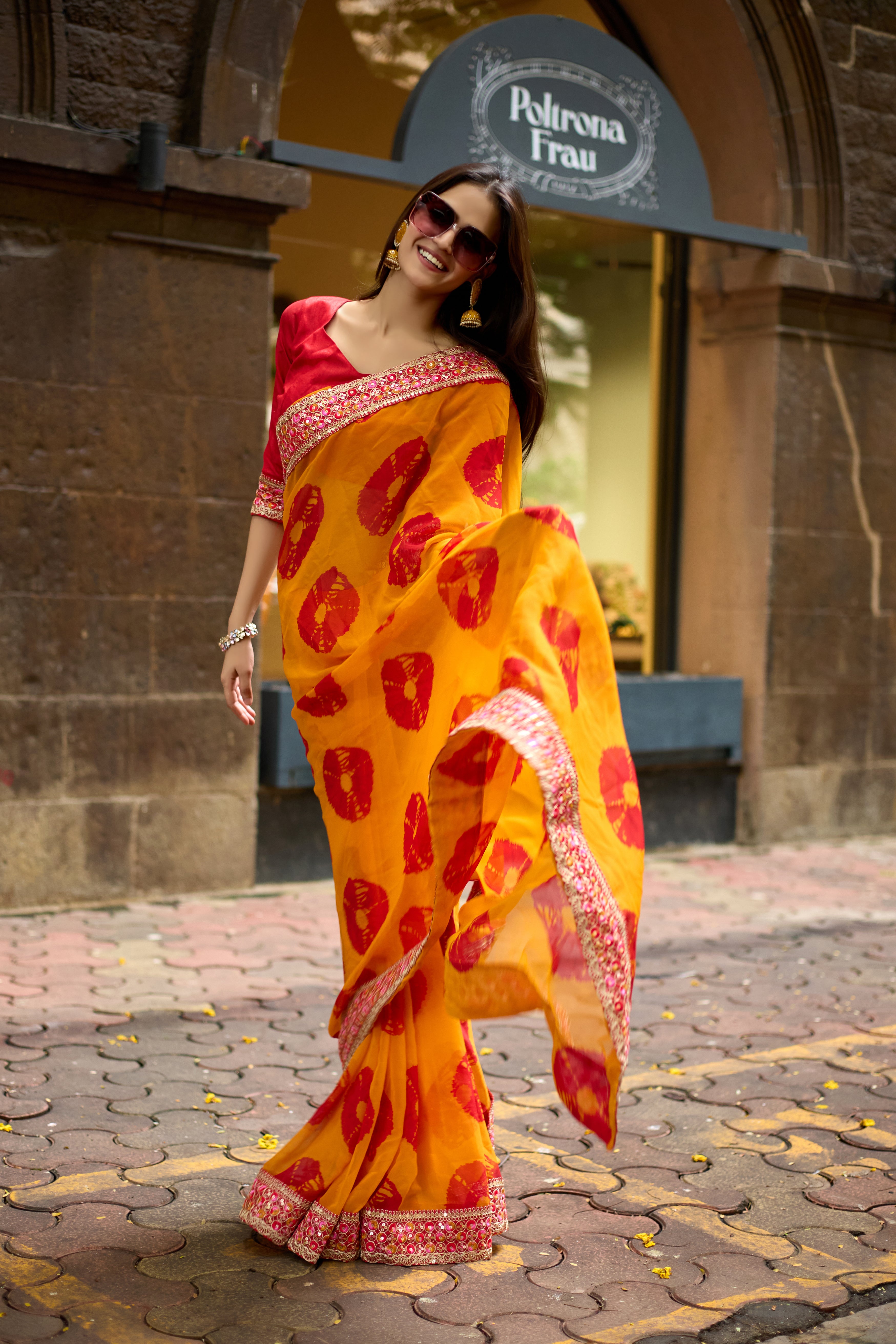Vibrant Musted Batik Georgette Saree with Embroidered Border