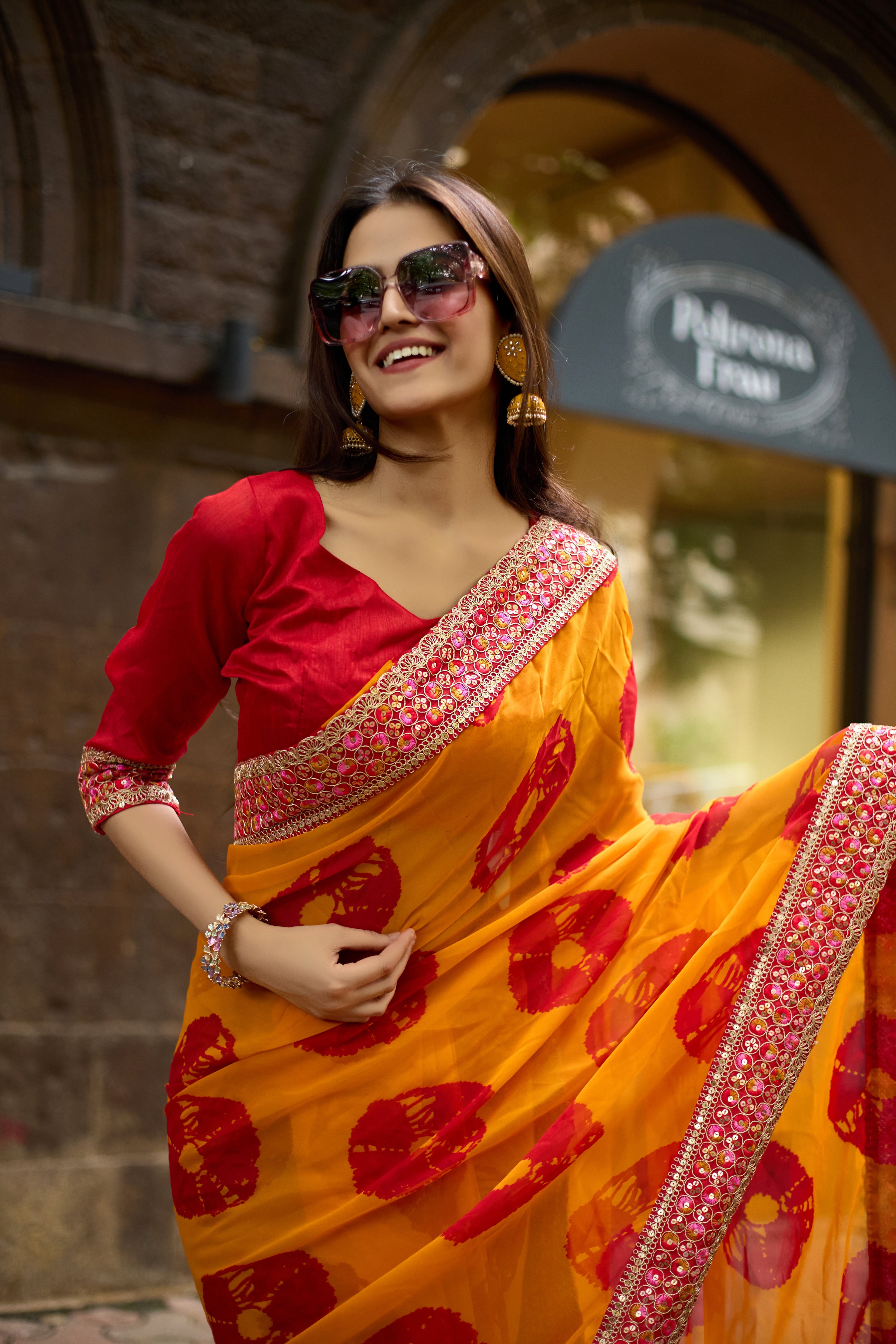 Vibrant Musted Batik Georgette Saree with Embroidered Border