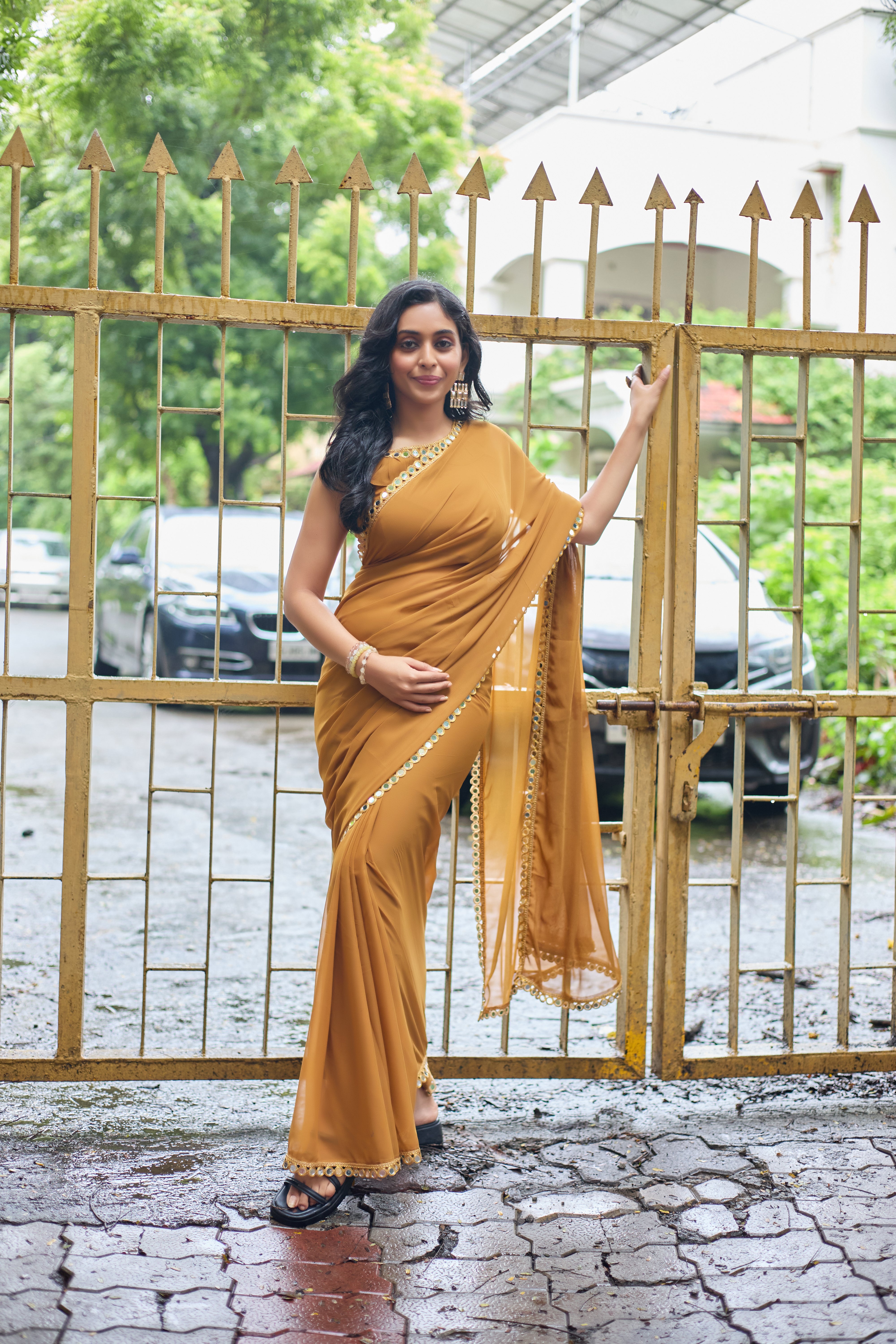 Mustard Gold Georgette Saree with Mirror Work Border