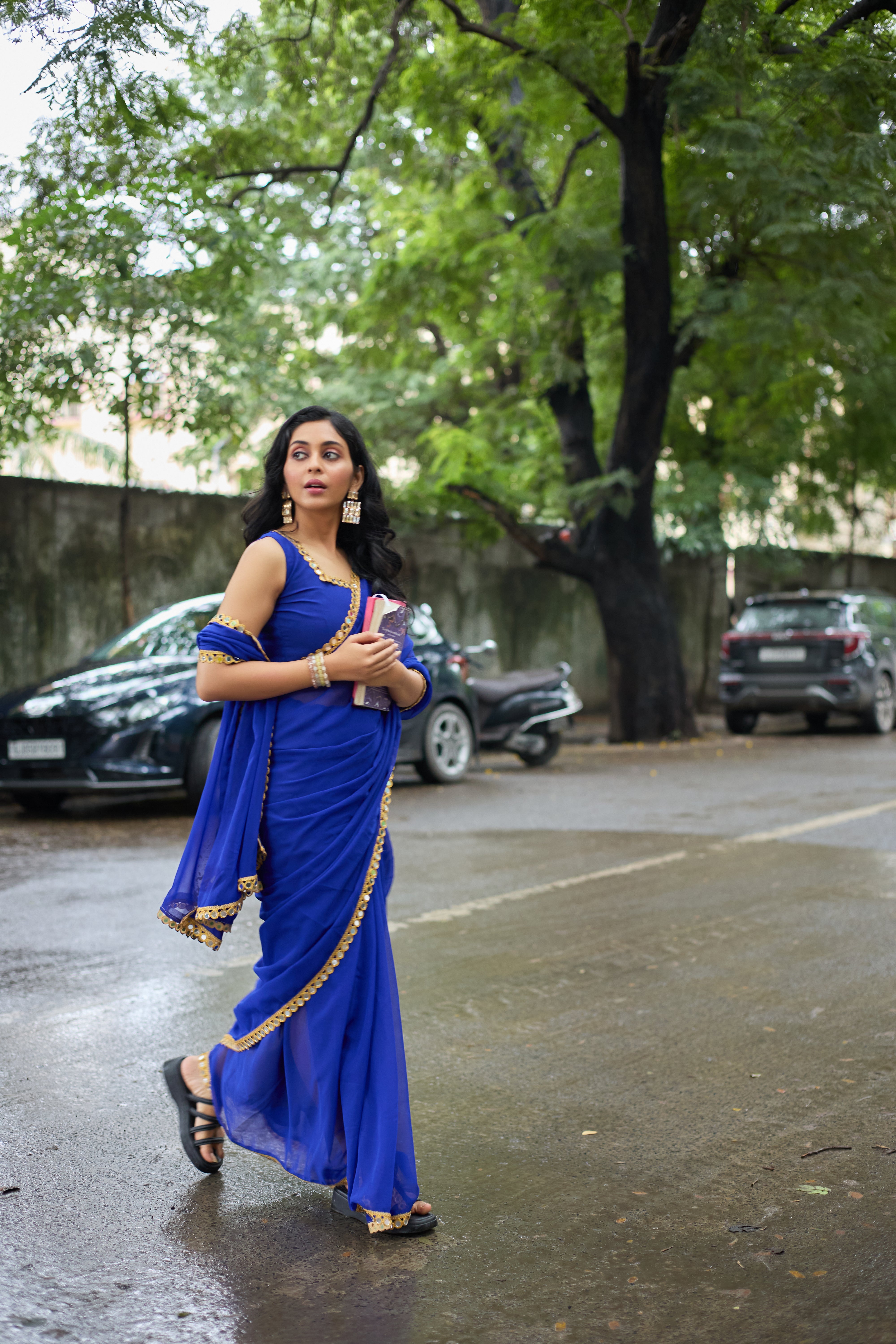Royal Elegance Blue Georgette Saree with Golden Border