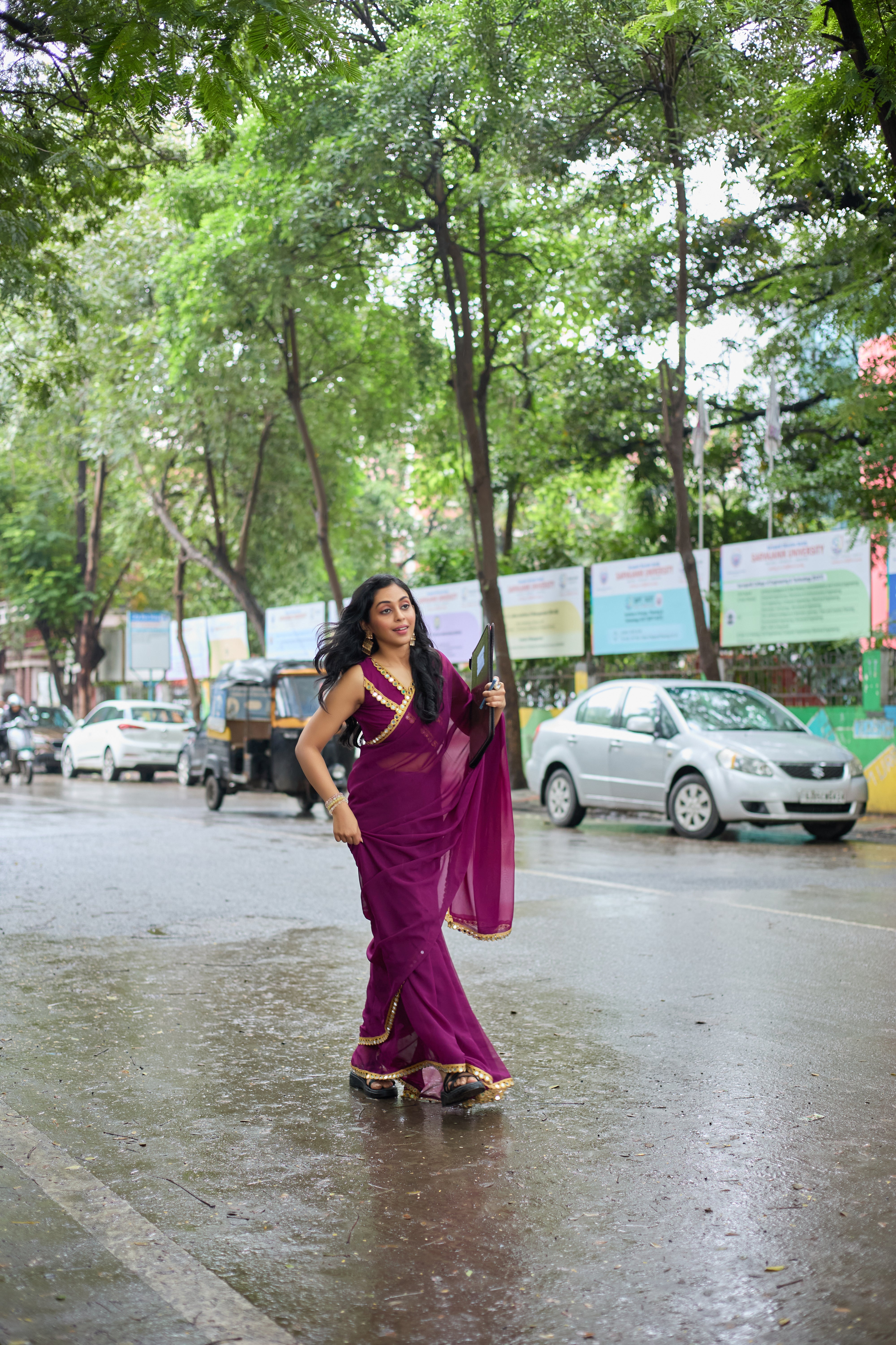 Magenta Glow Georgette Saree with Mirror Work Border