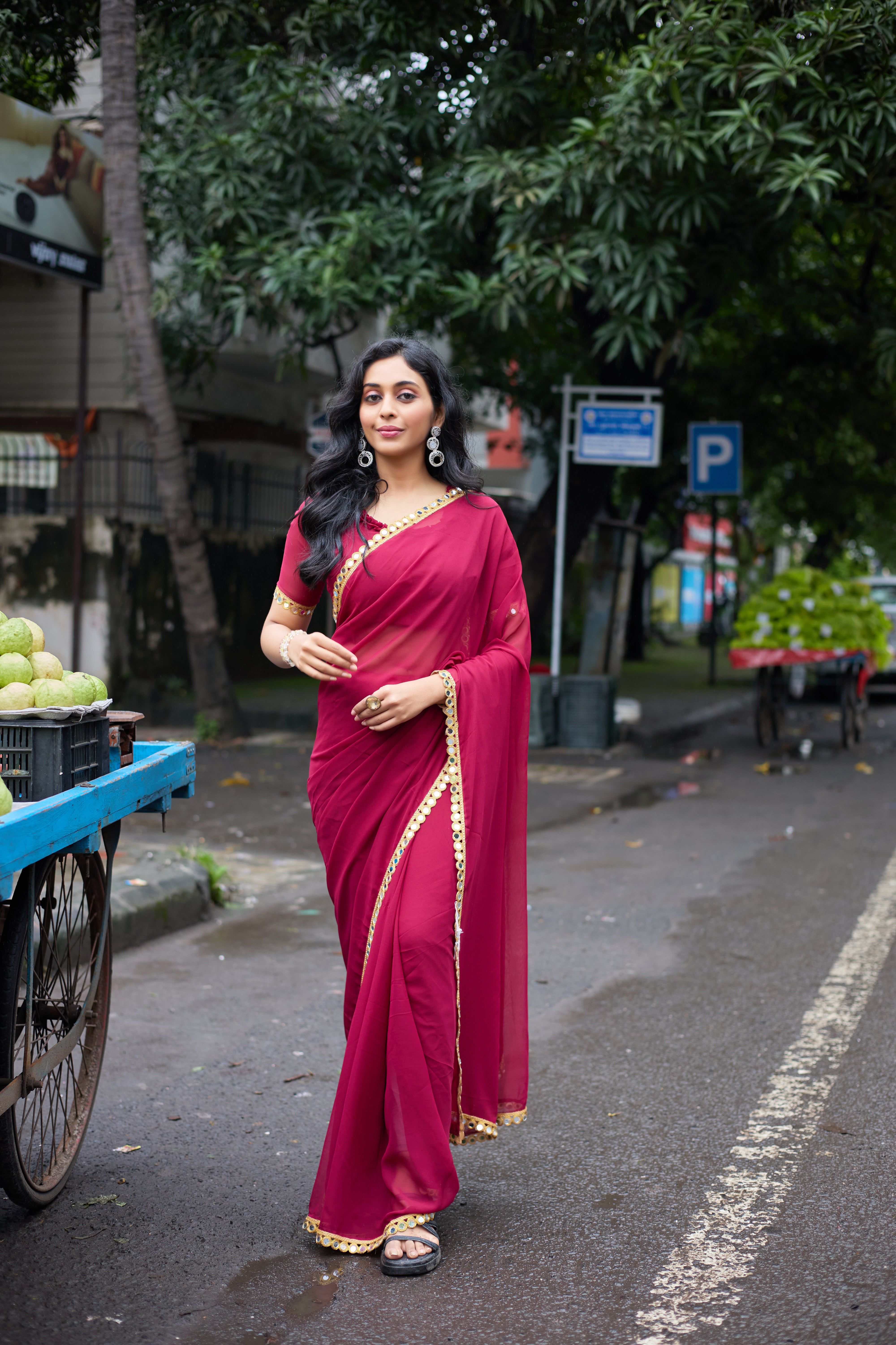 Graceful Charm Wine-Red Georgette Saree with Golden Border