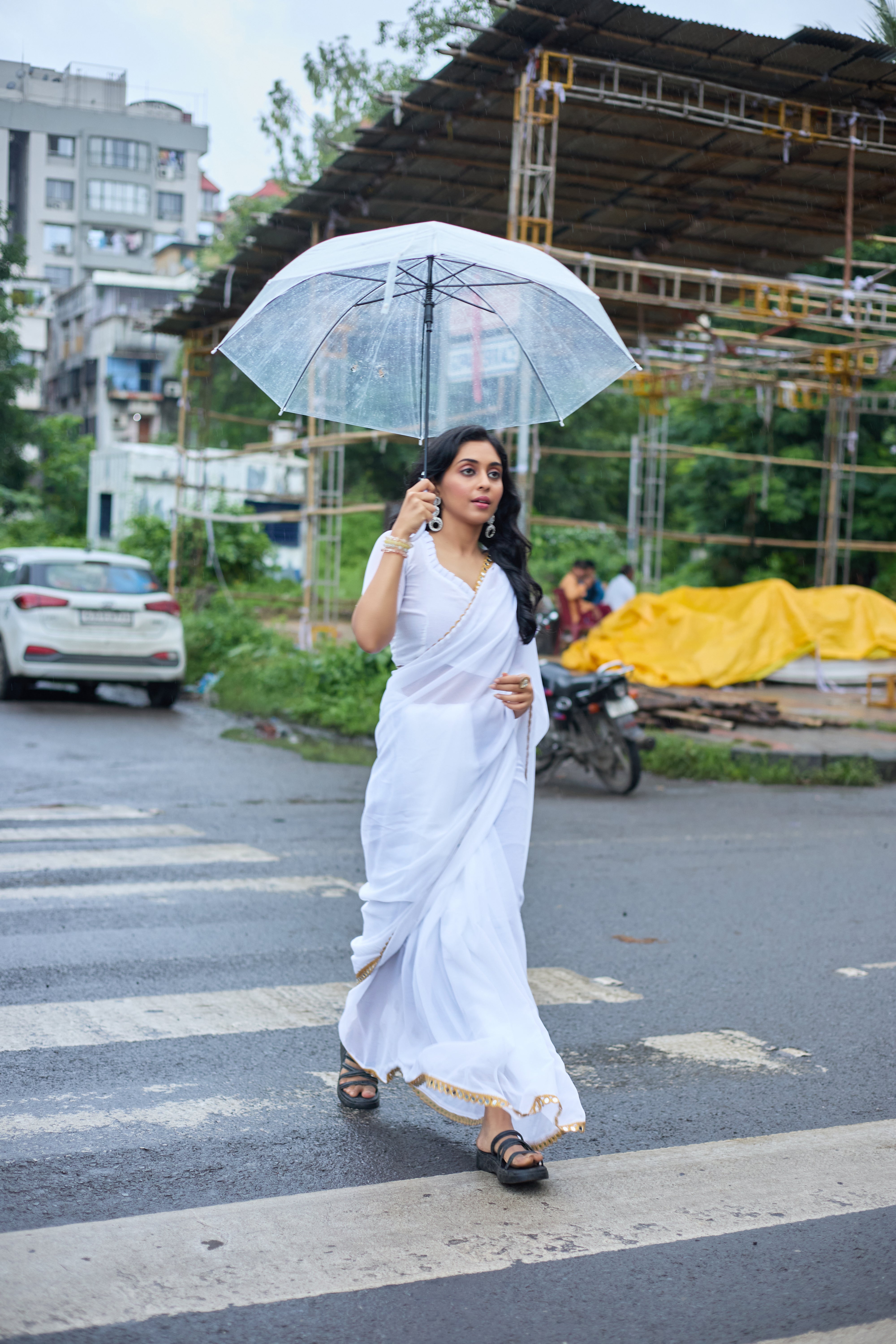 Elegant White Georgette Saree with Golden Embellished Border