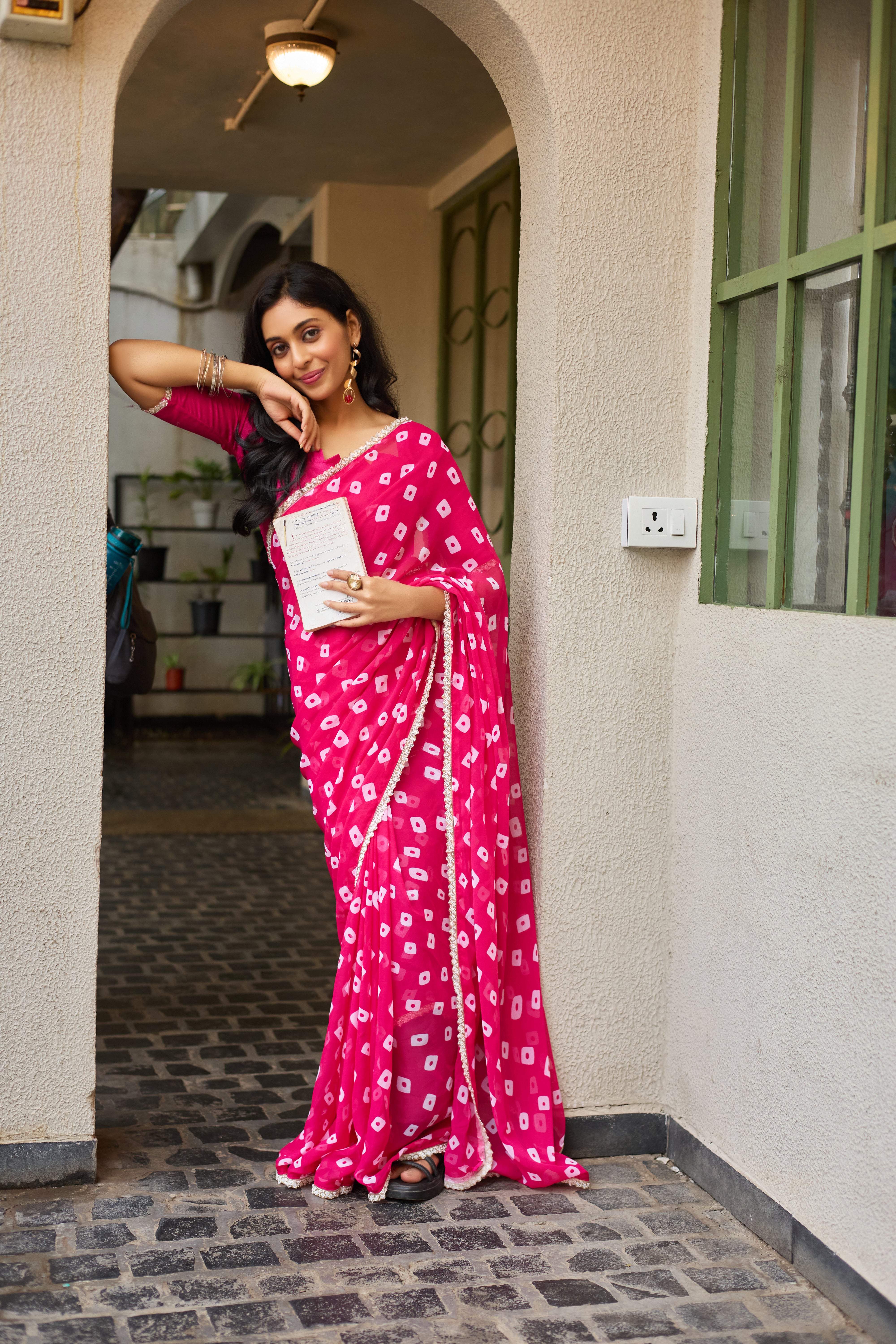 Pink Georgette Saree with Embellished Border
