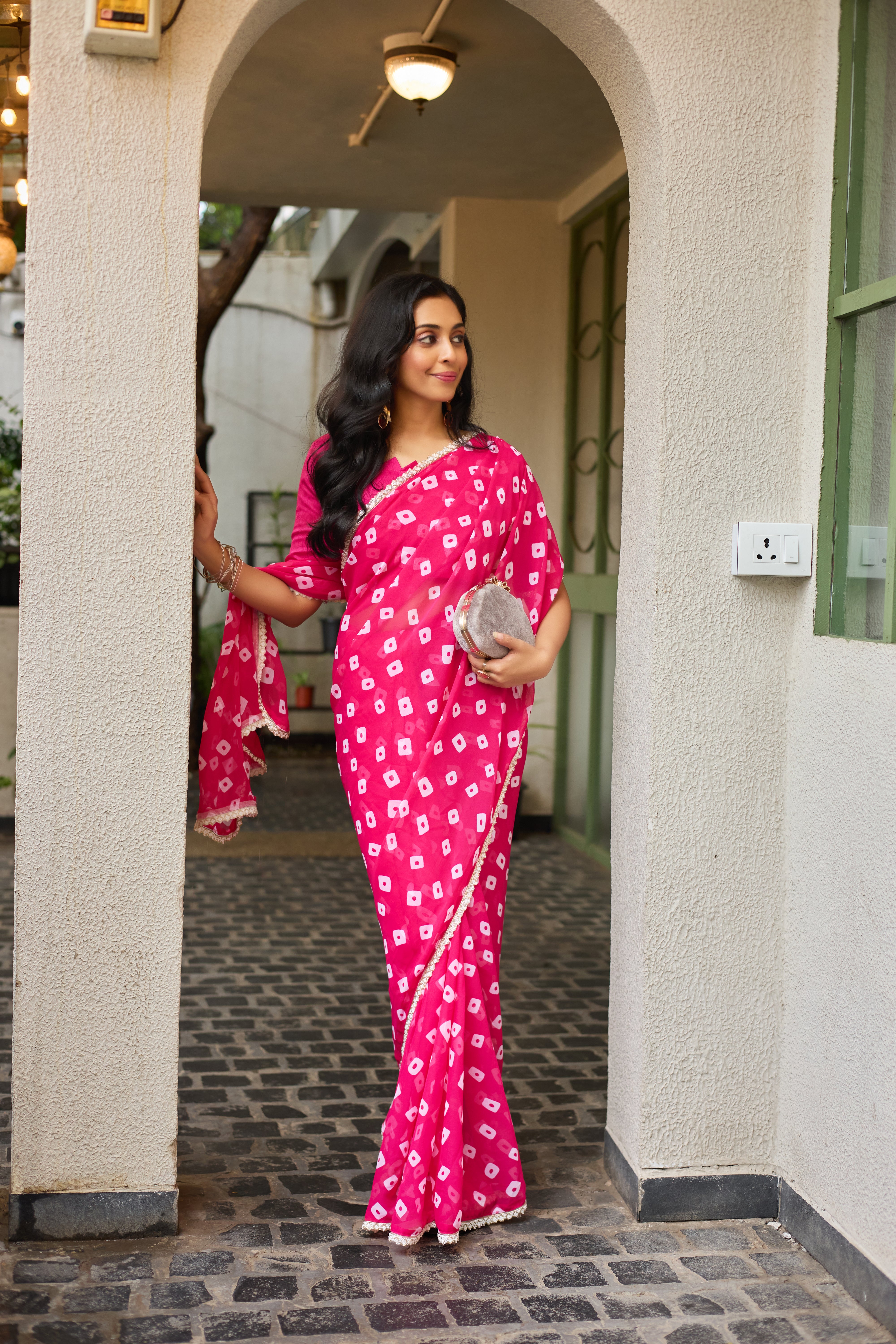 Pink Georgette Saree with Embellished Border