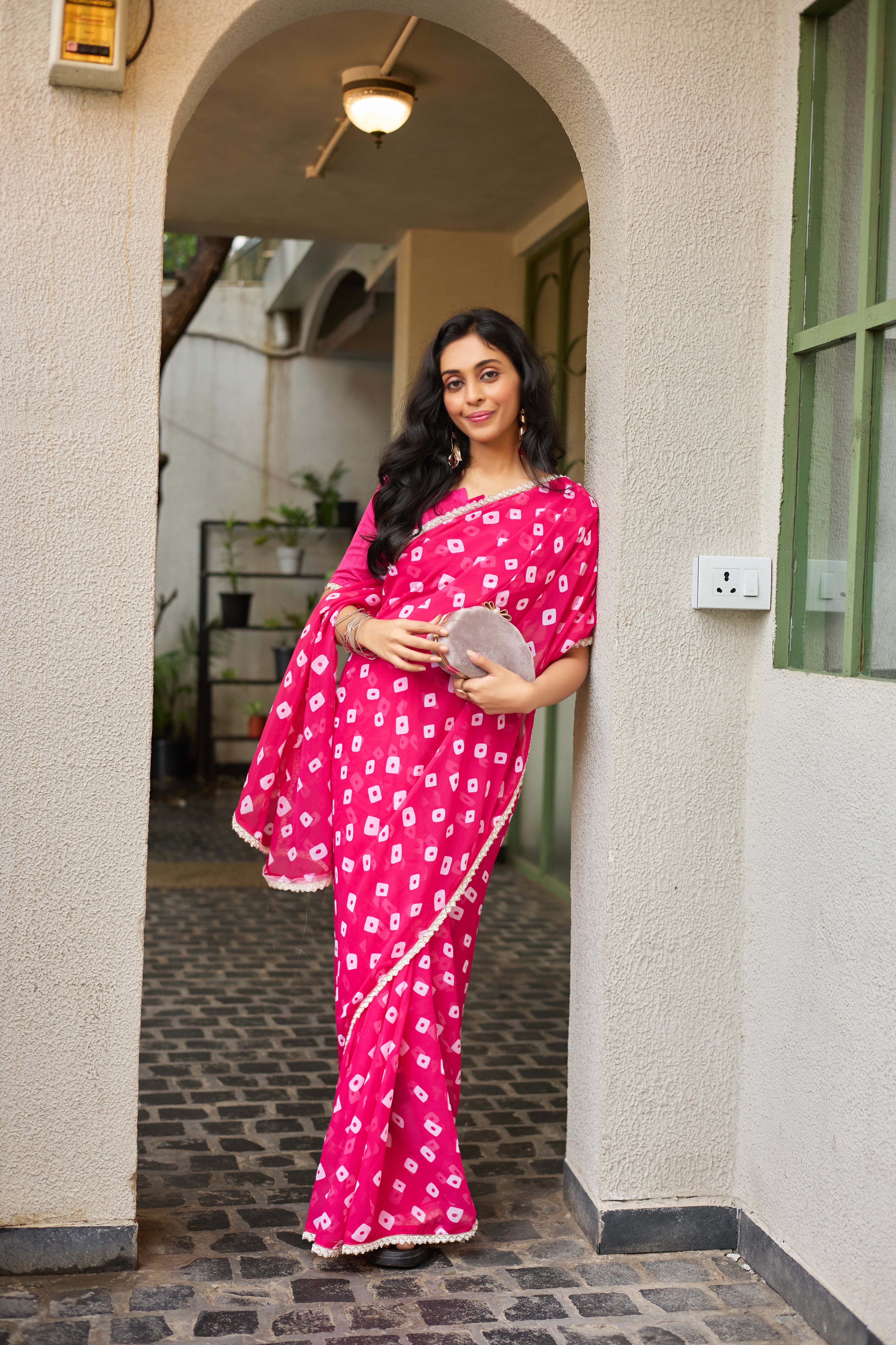 Pink Georgette Saree with Embellished Border