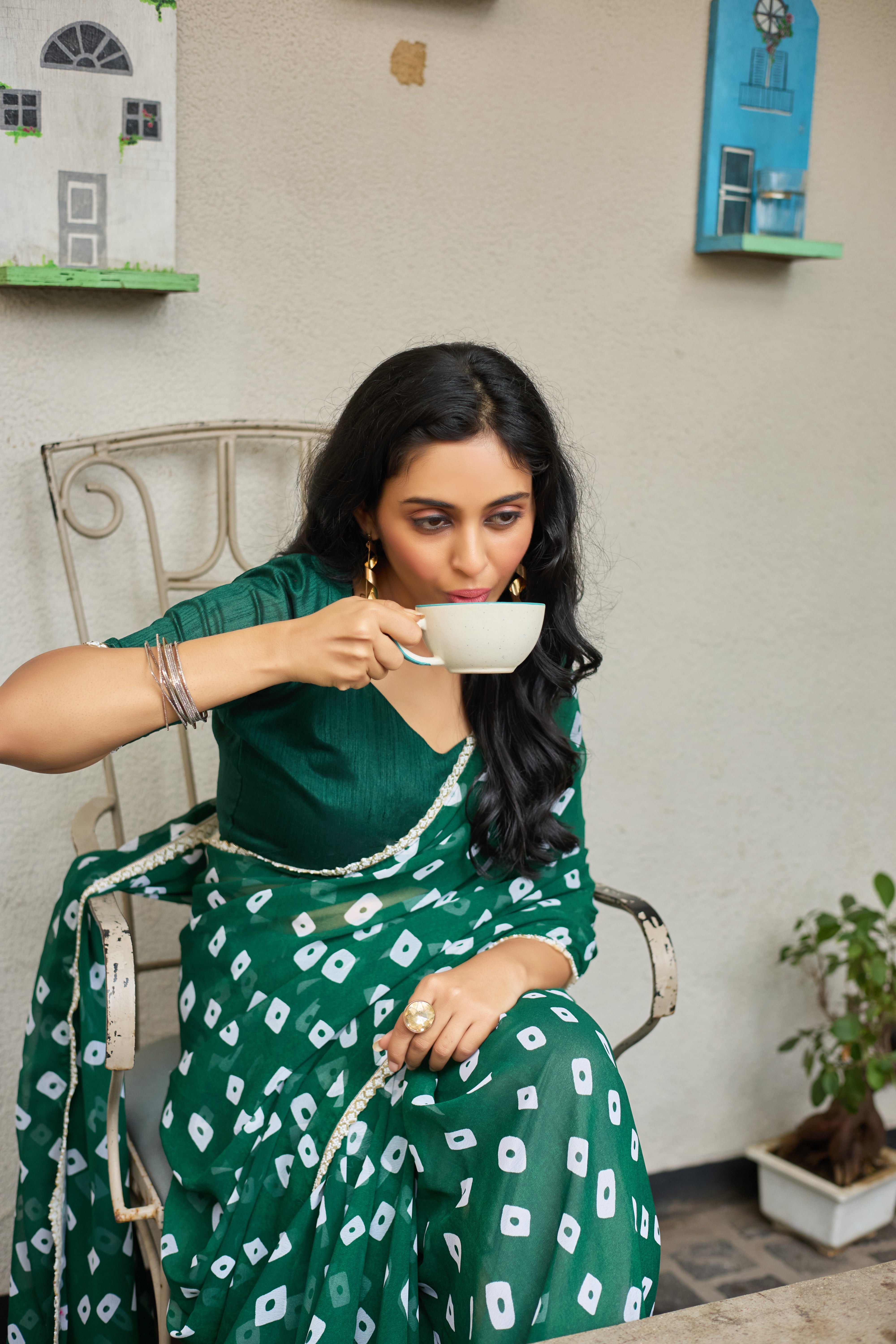 Emerald Glow Bandhani-Style Green Saree with Lace Border