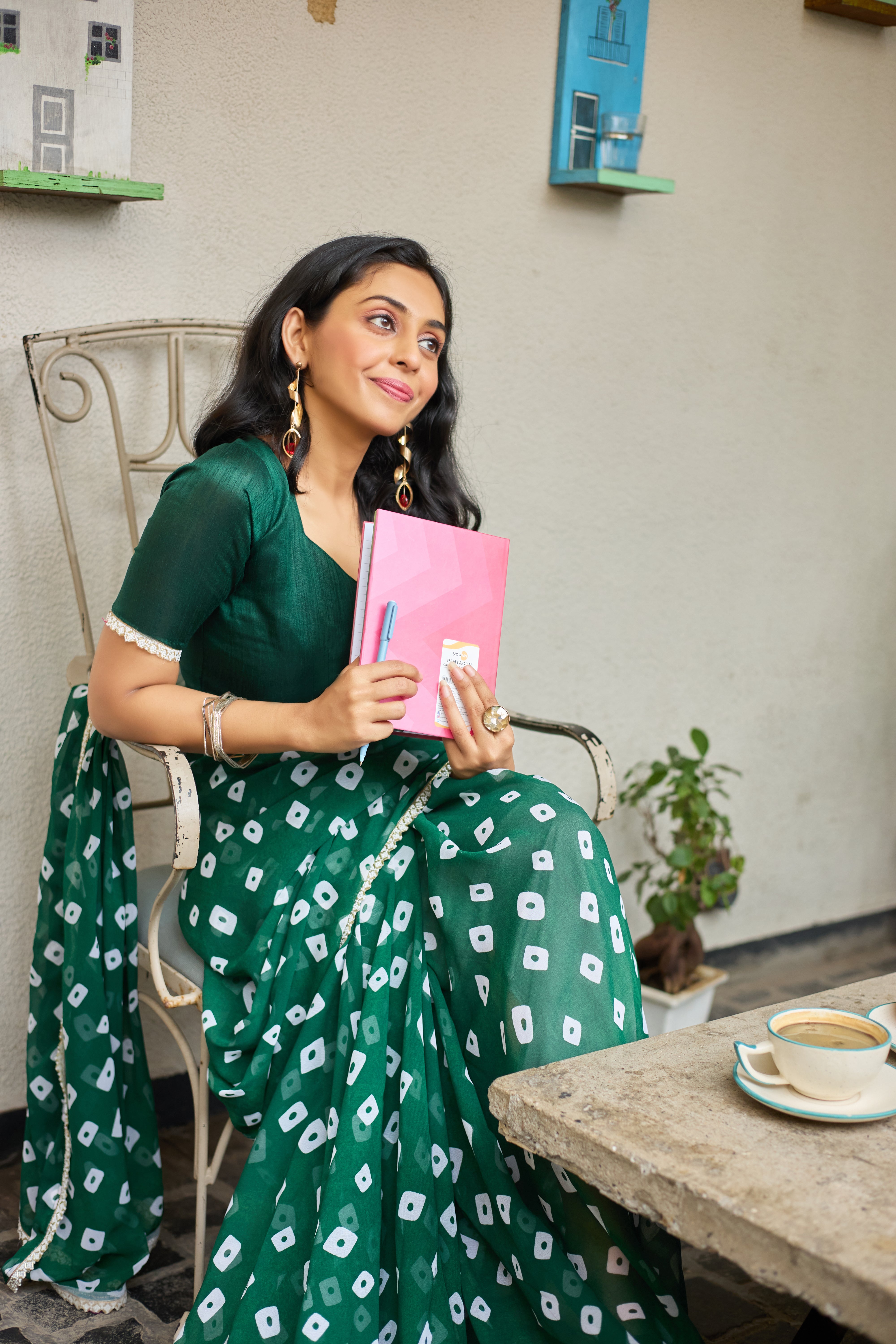 Emerald Glow Bandhani-Style Green Saree with Lace Border