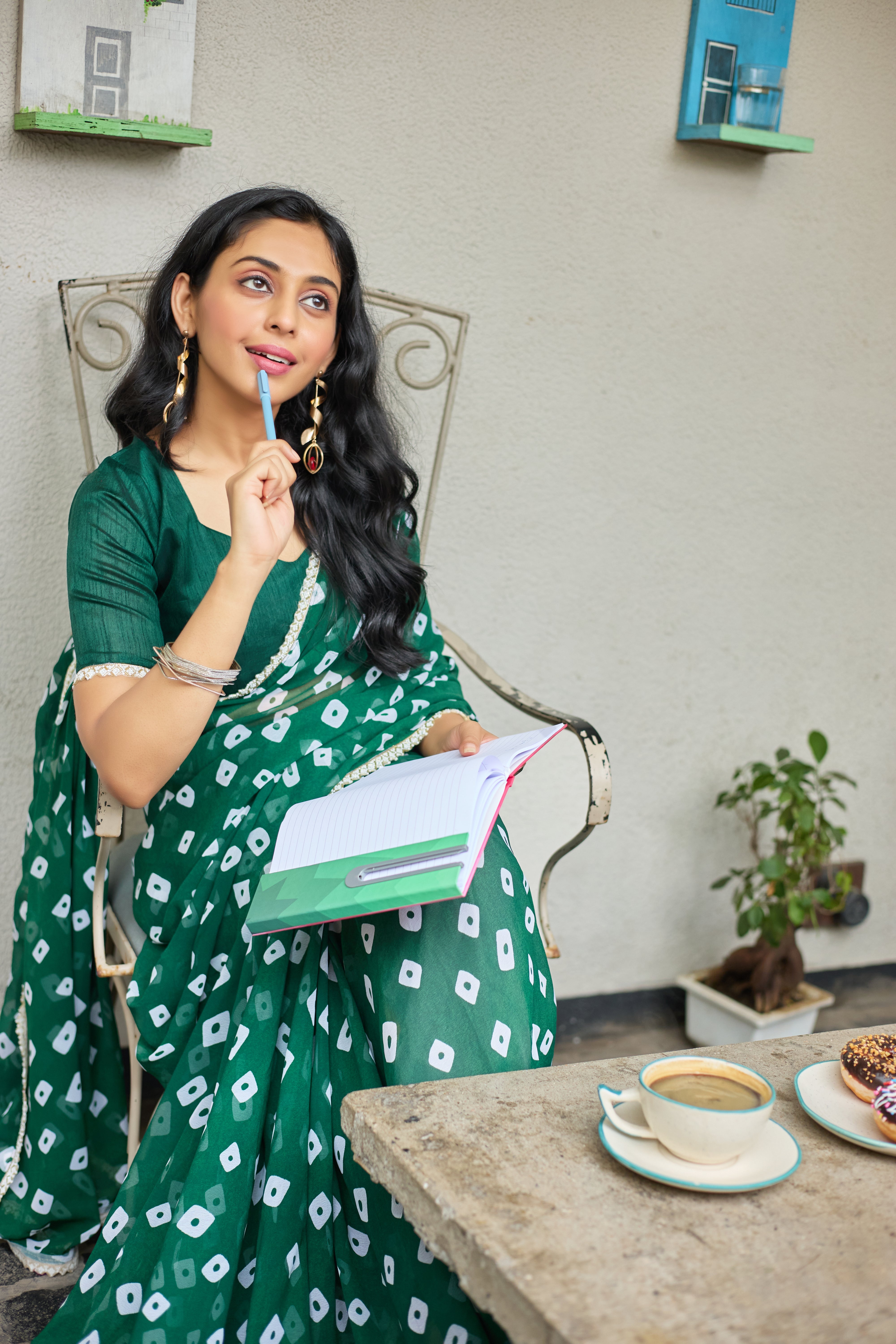 Emerald Glow Bandhani-Style Green Saree with Lace Border