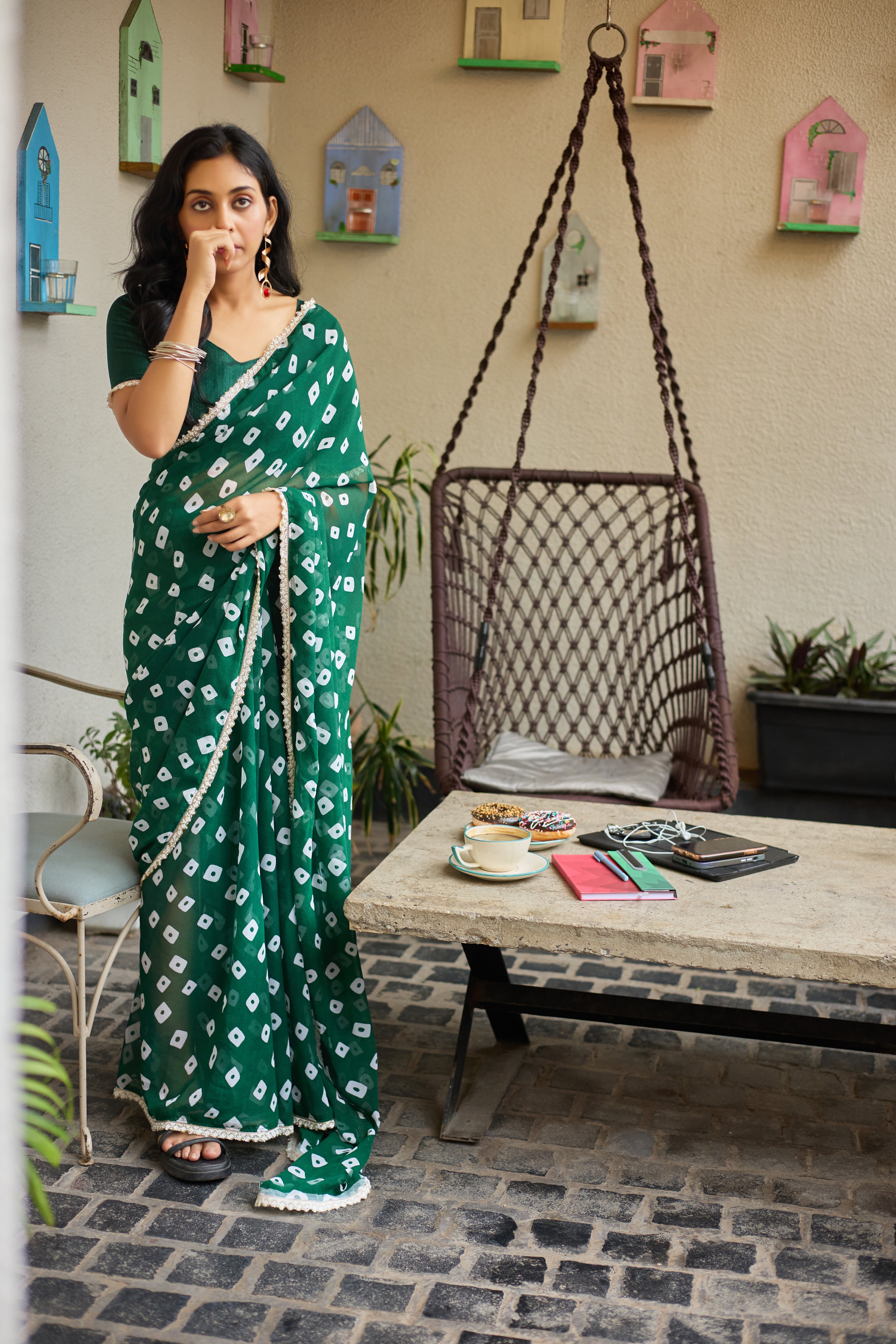 Emerald Glow Bandhani-Style Green Saree with Lace Border