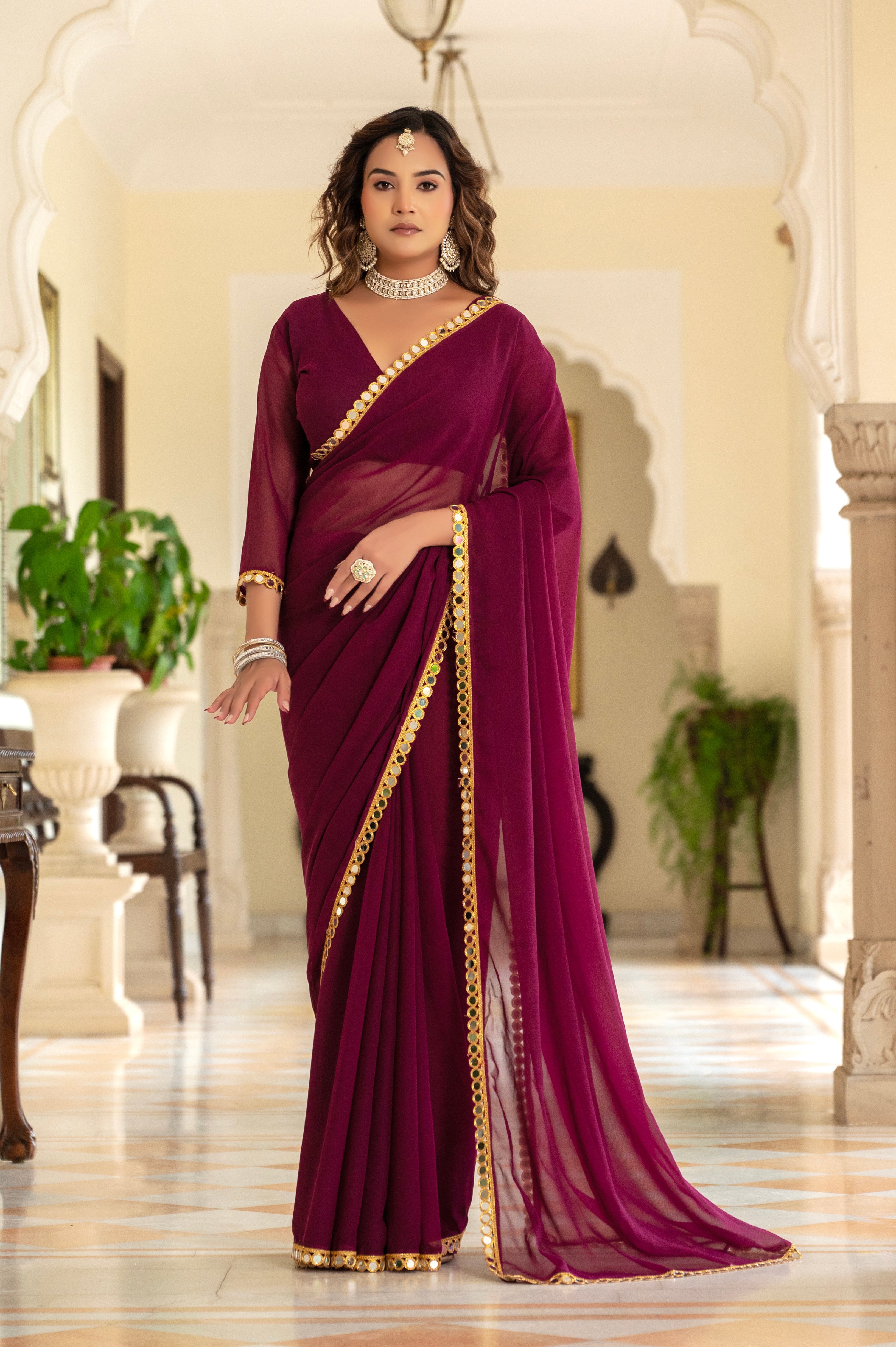 Elegant Wine Purple Mirror Work Georgette Saree