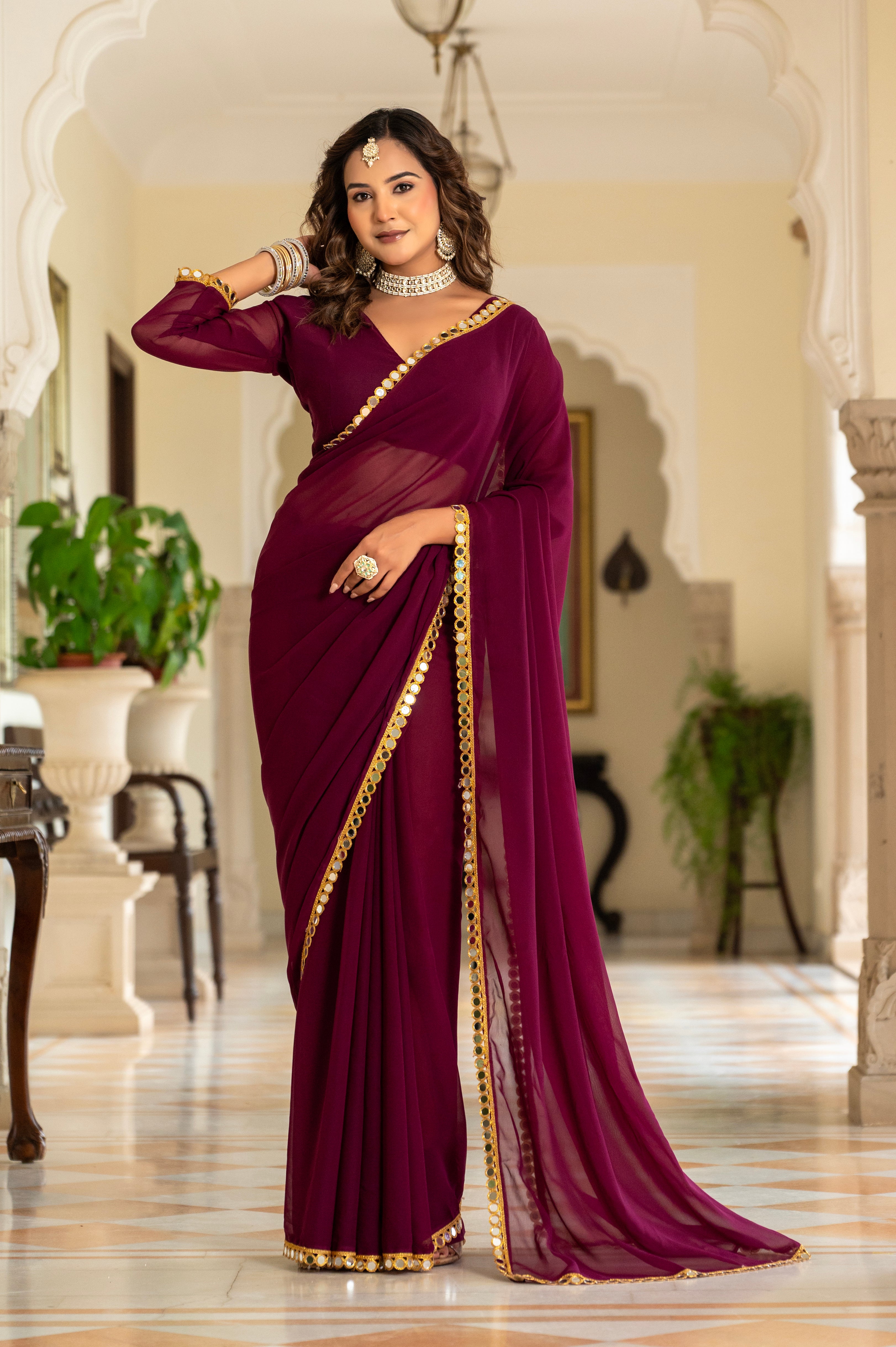 Elegant Wine Purple Mirror Work Georgette Saree