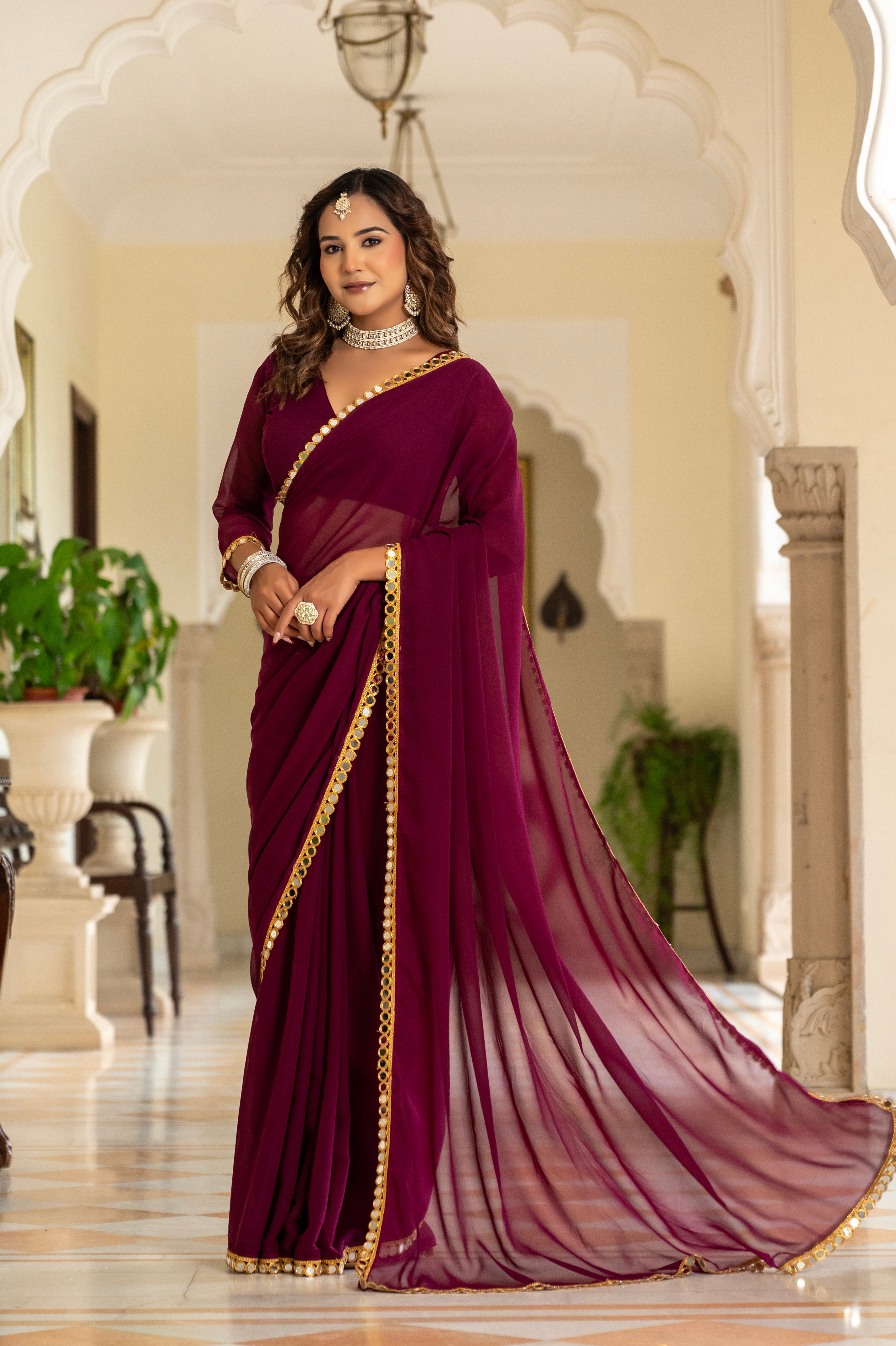 Elegant Wine Purple Mirror Work Georgette Saree