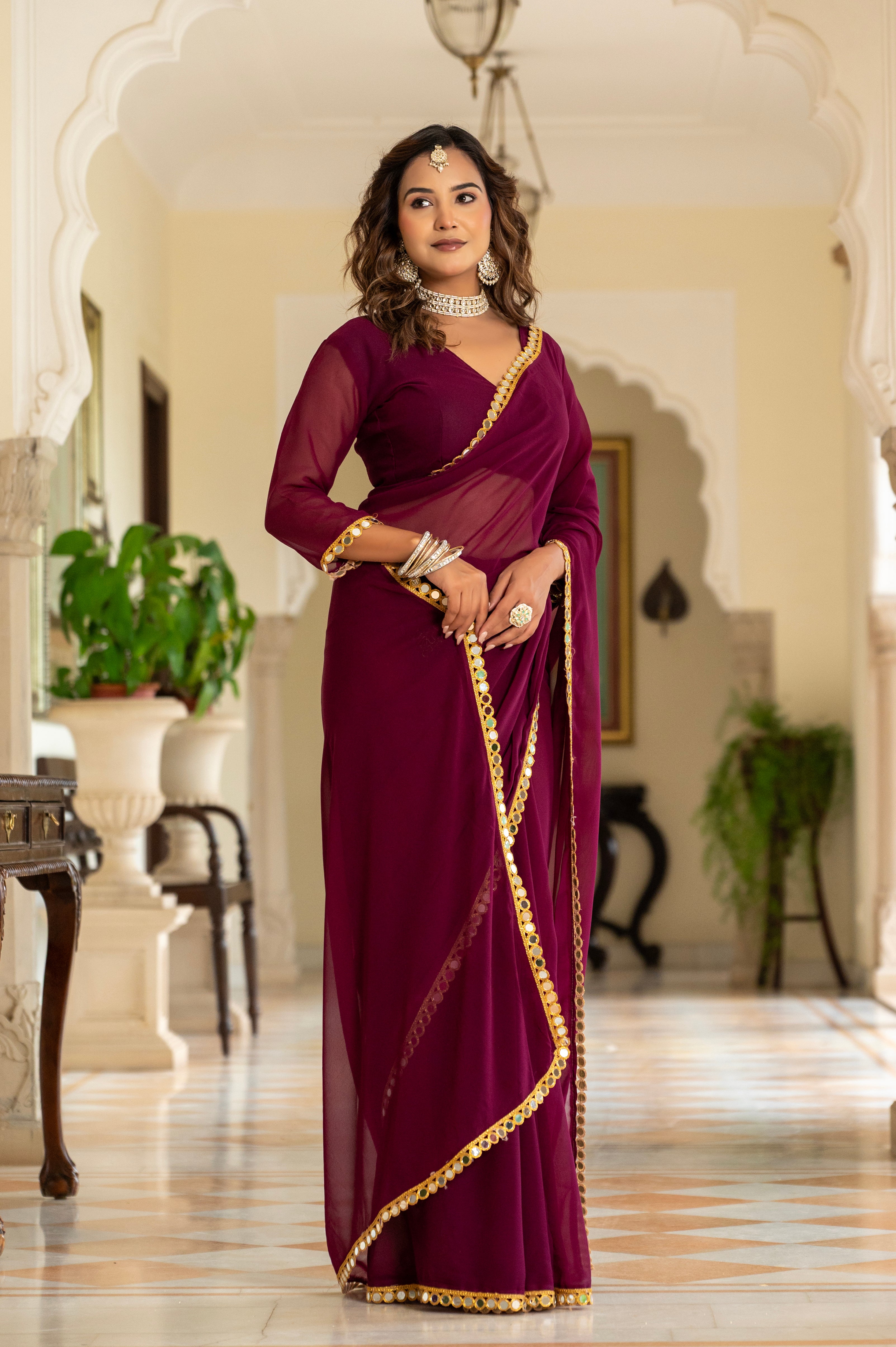 Elegant Wine Purple Mirror Work Georgette Saree