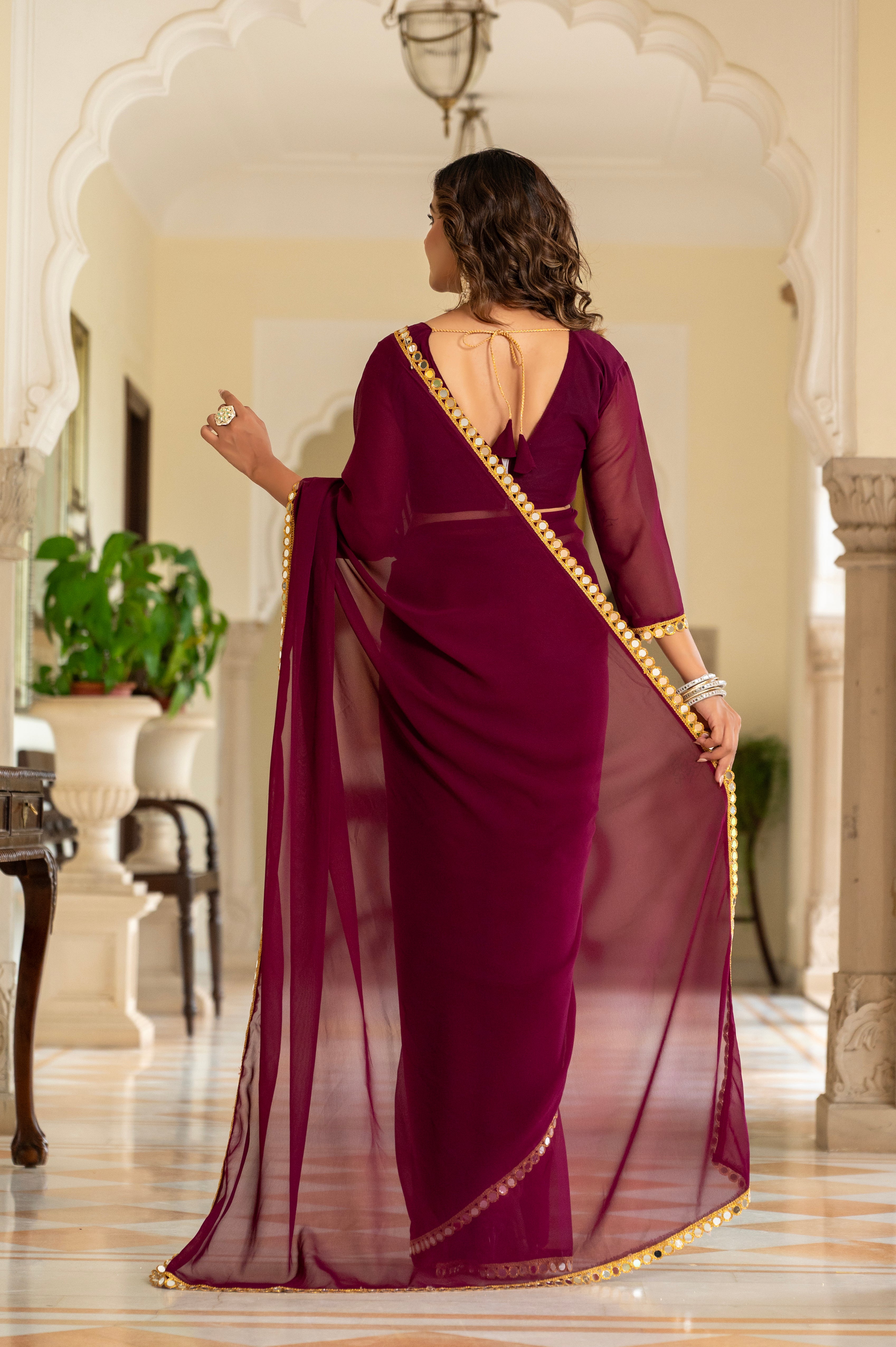 Elegant Wine Purple Mirror Work Georgette Saree