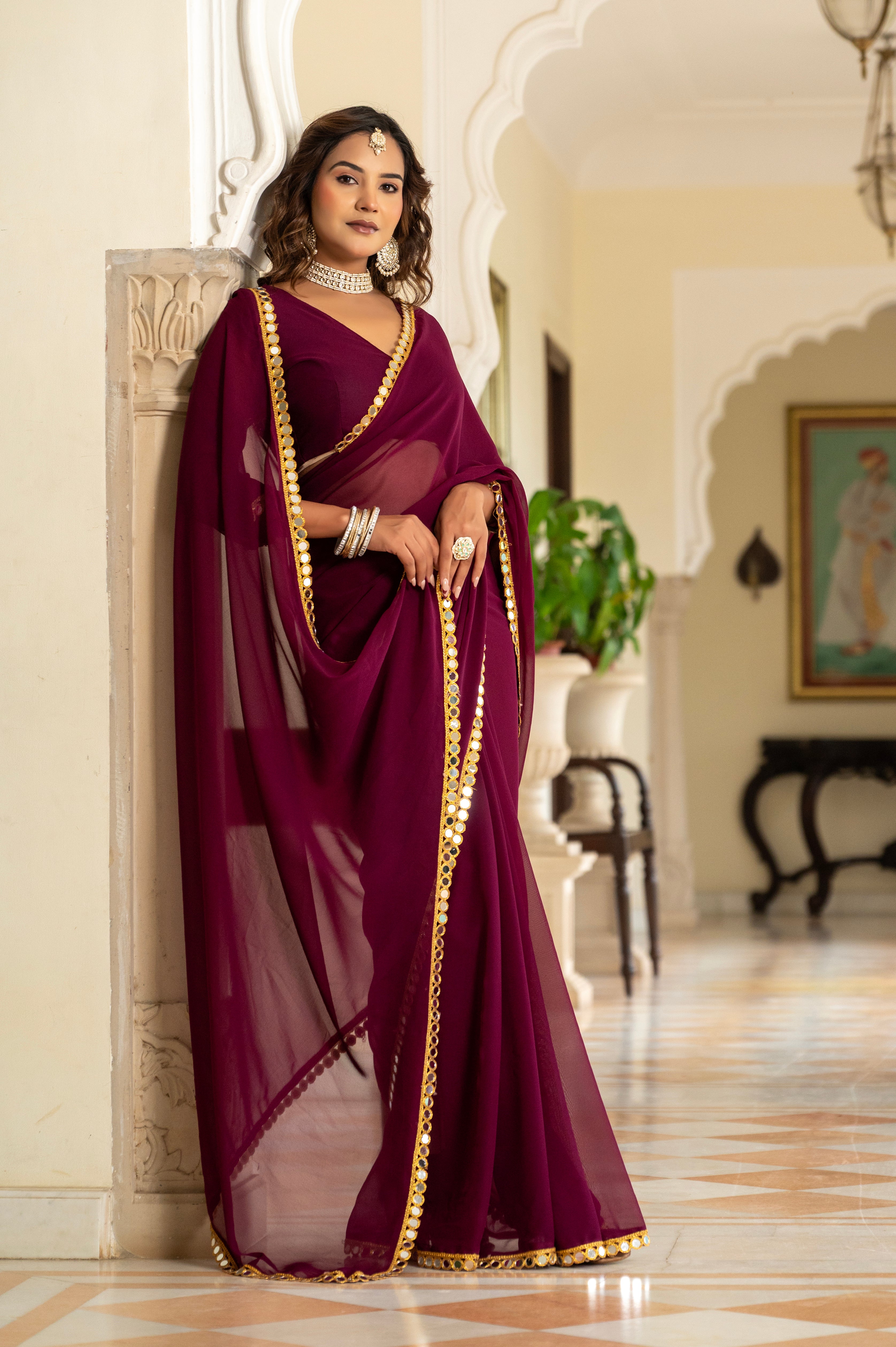Elegant Wine Purple Mirror Work Georgette Saree