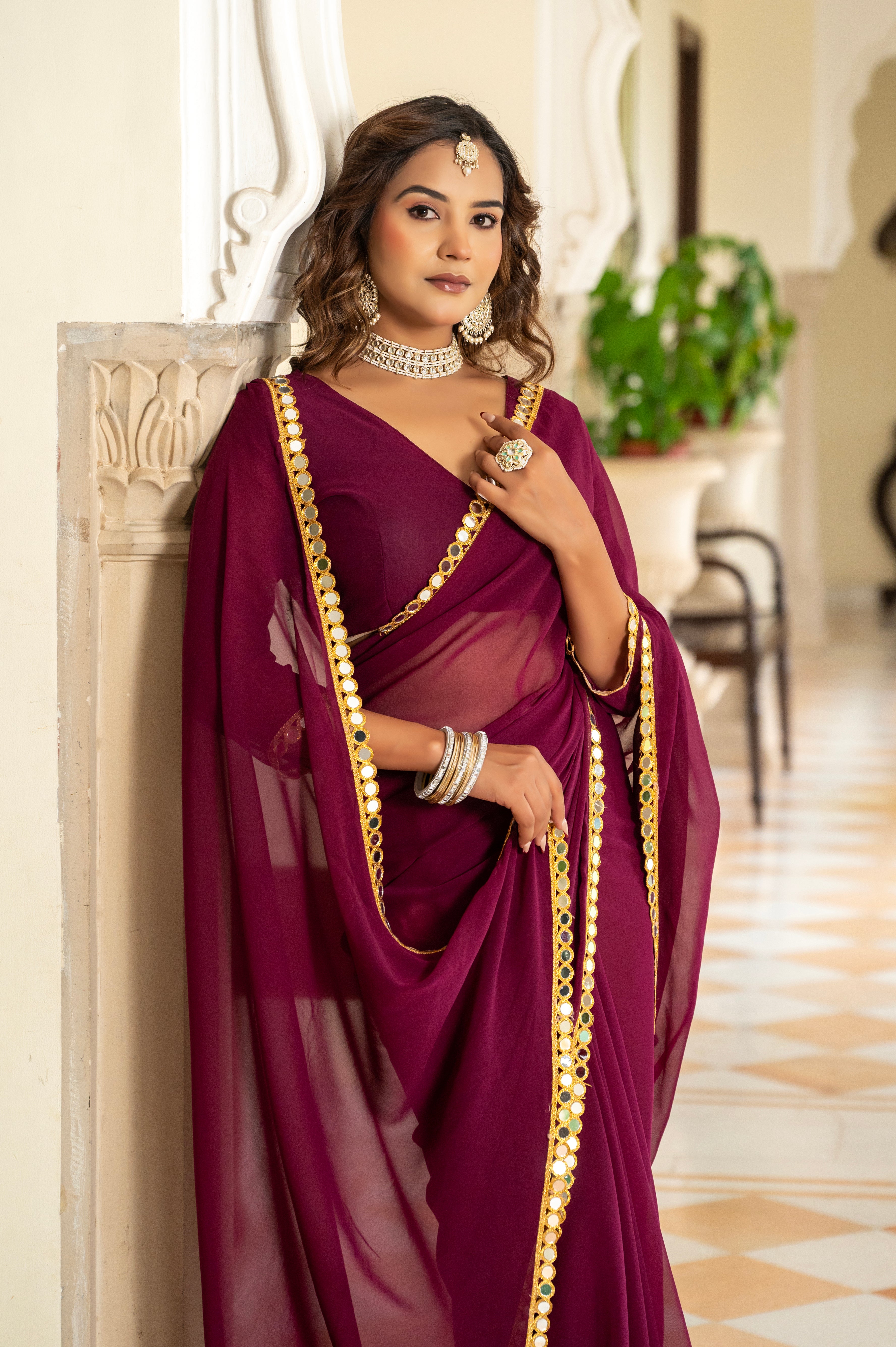 Elegant Wine Purple Mirror Work Georgette Saree