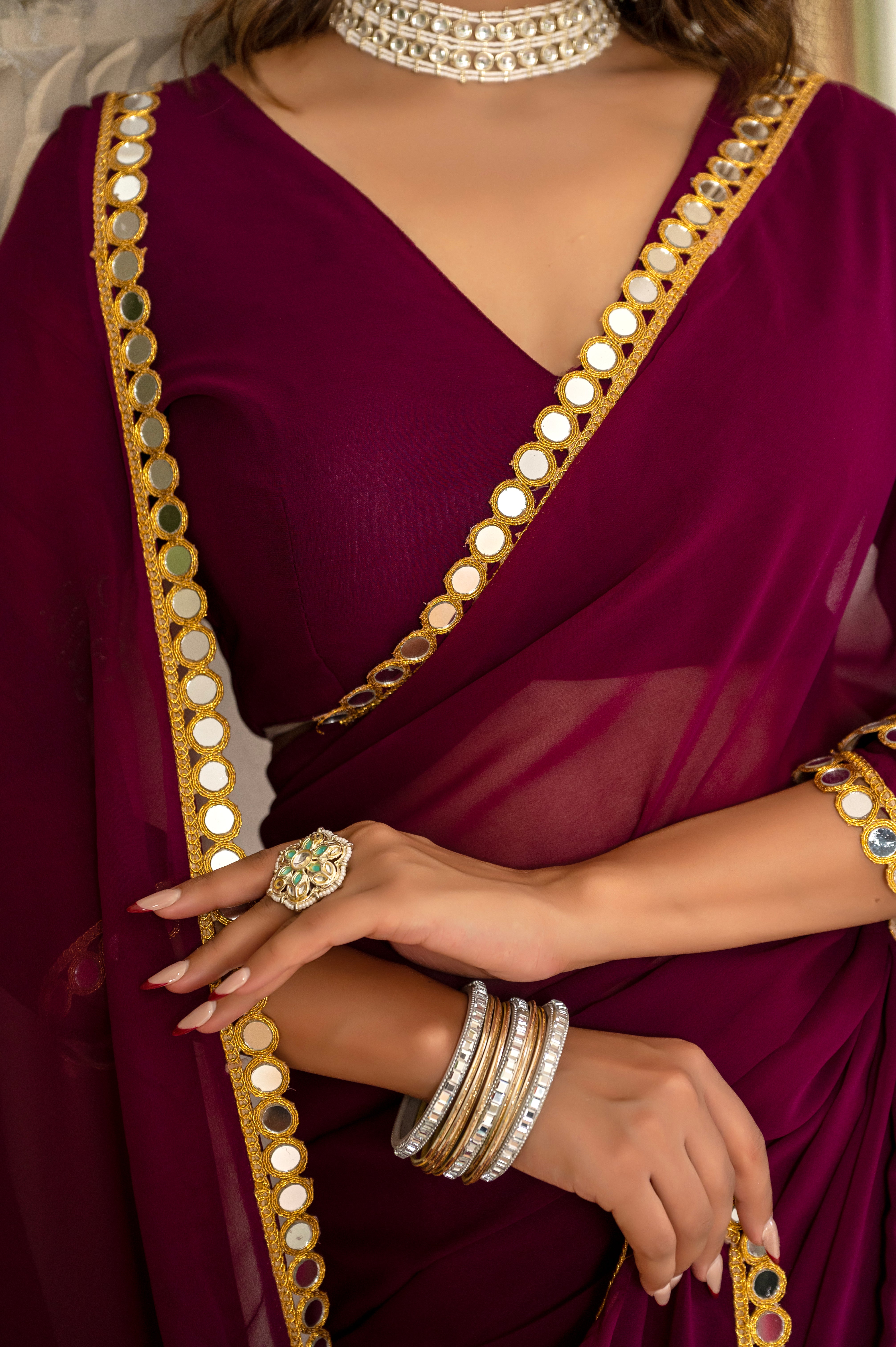 Elegant Wine Purple Mirror Work Georgette Saree