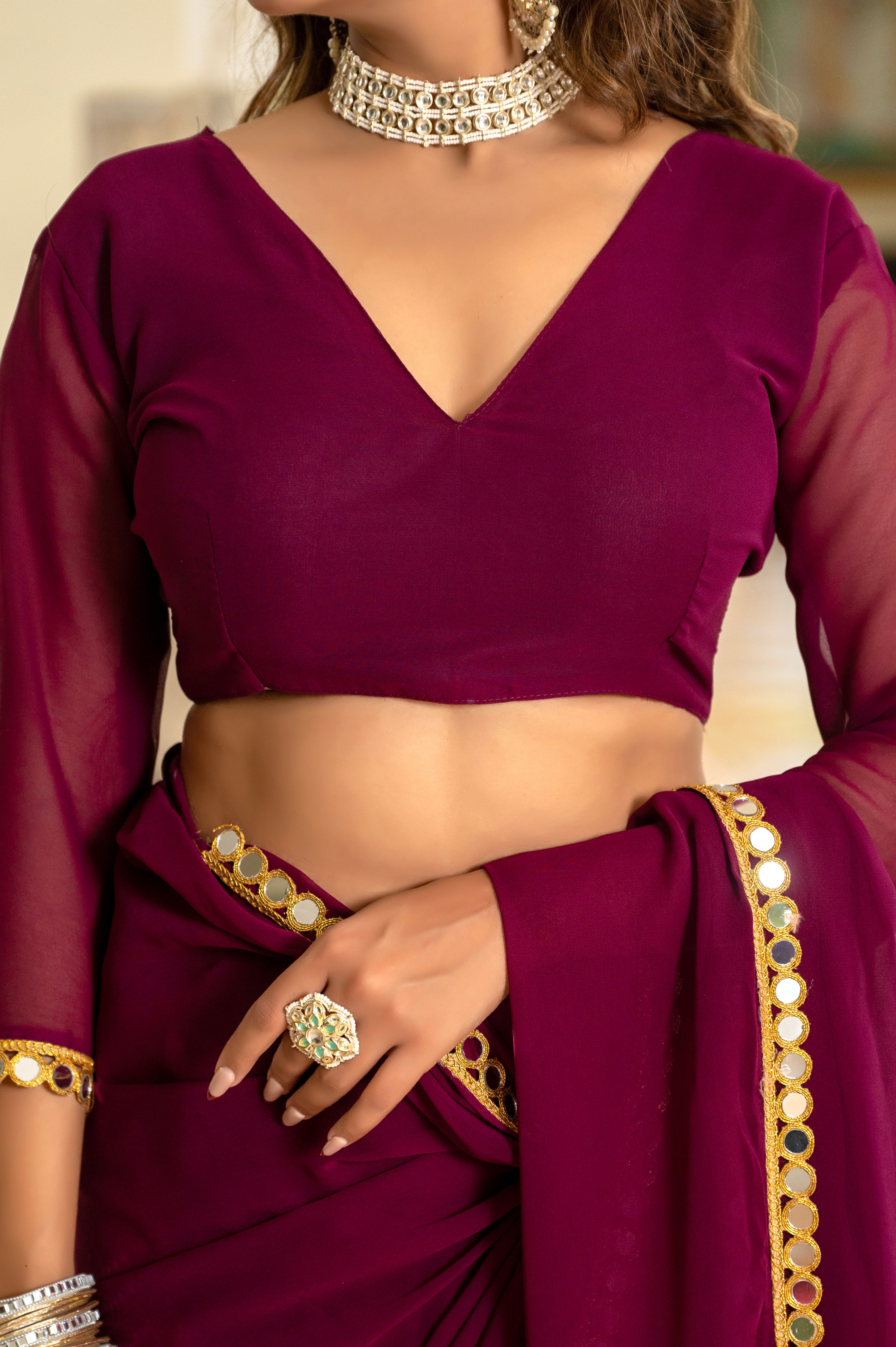 Elegant Wine Purple Mirror Work Georgette Saree