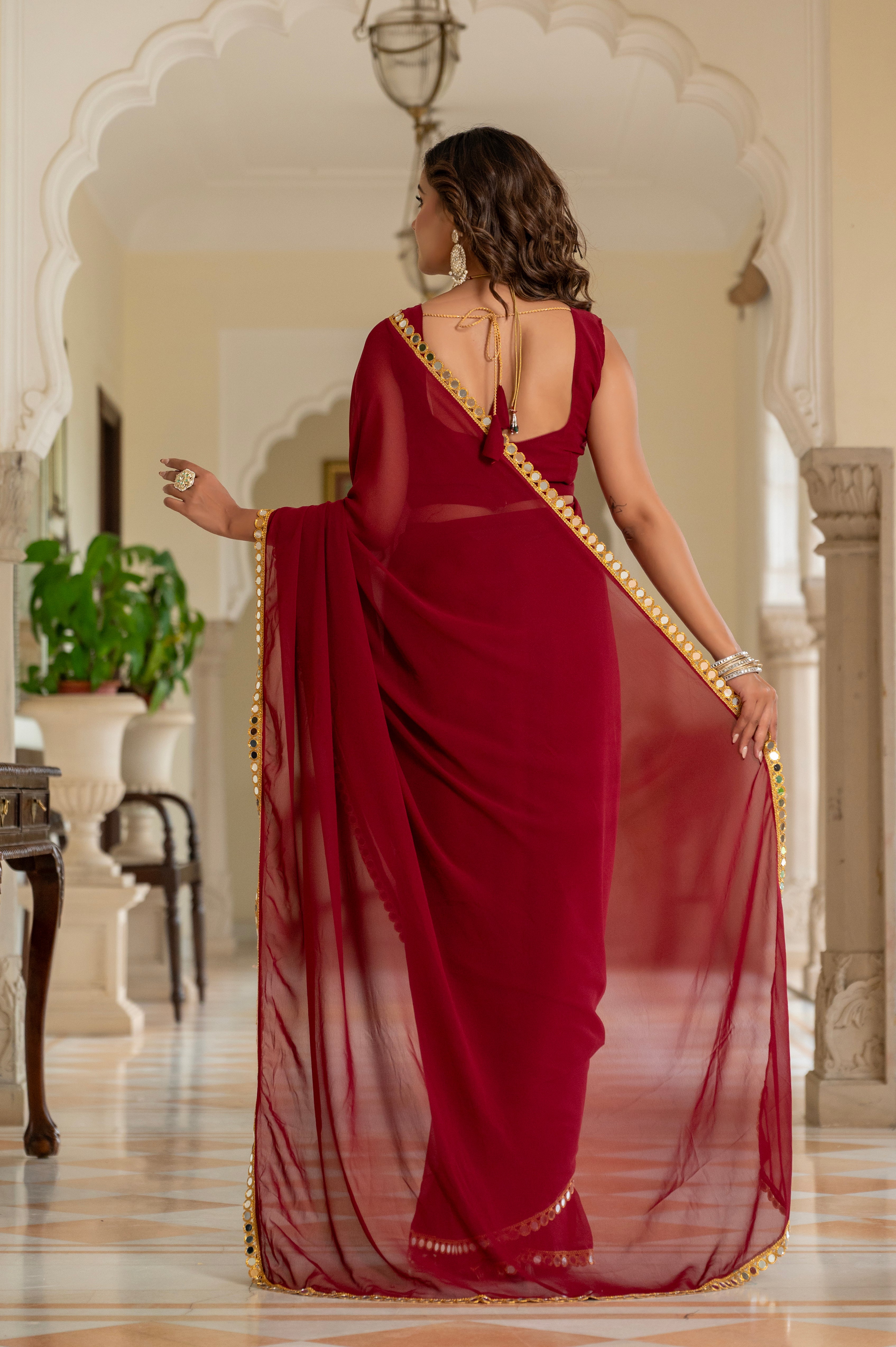 Elegant Maroon Mirror Work Georgette Saree
