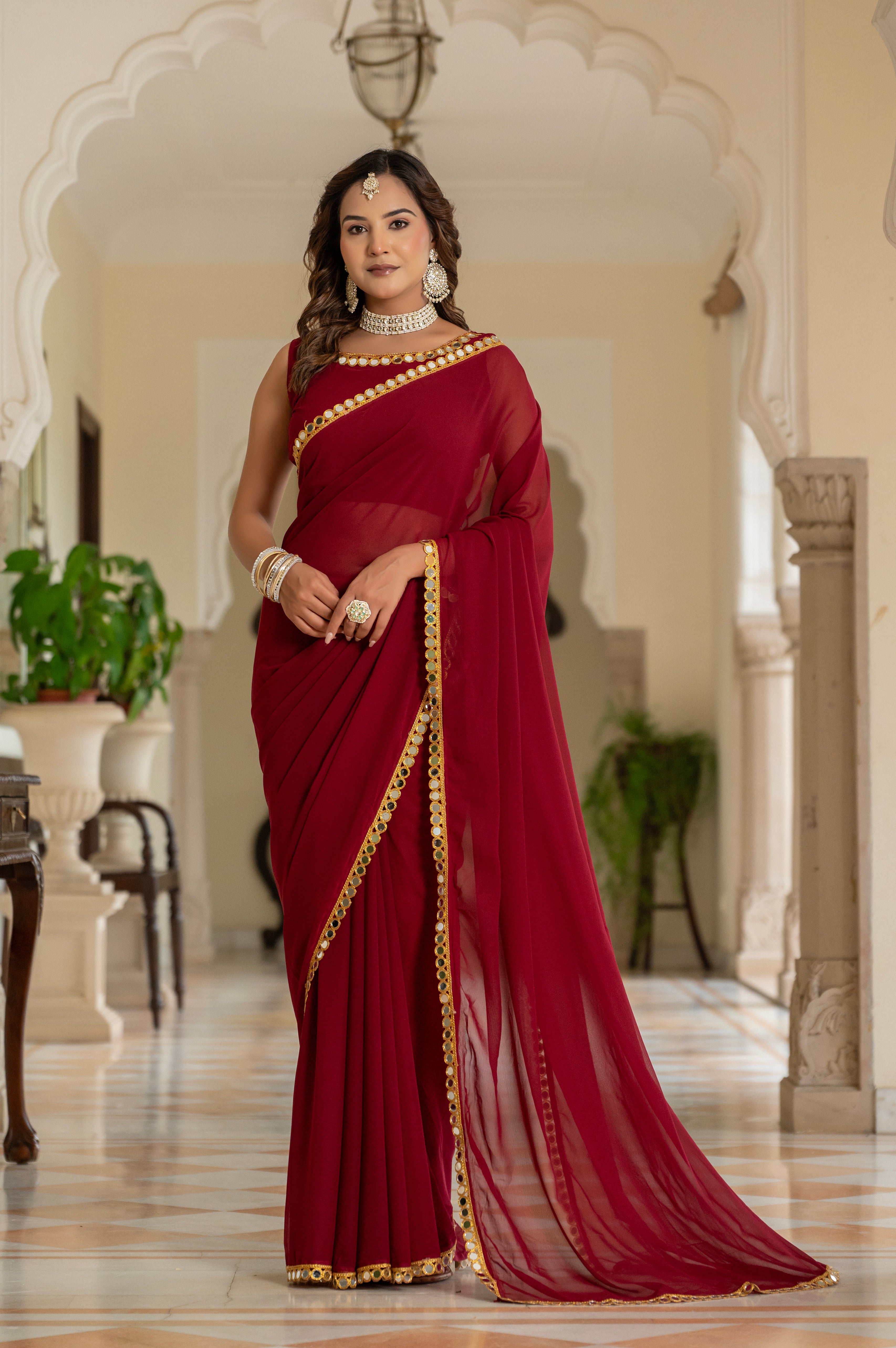 Elegant Maroon Mirror Work Georgette Saree