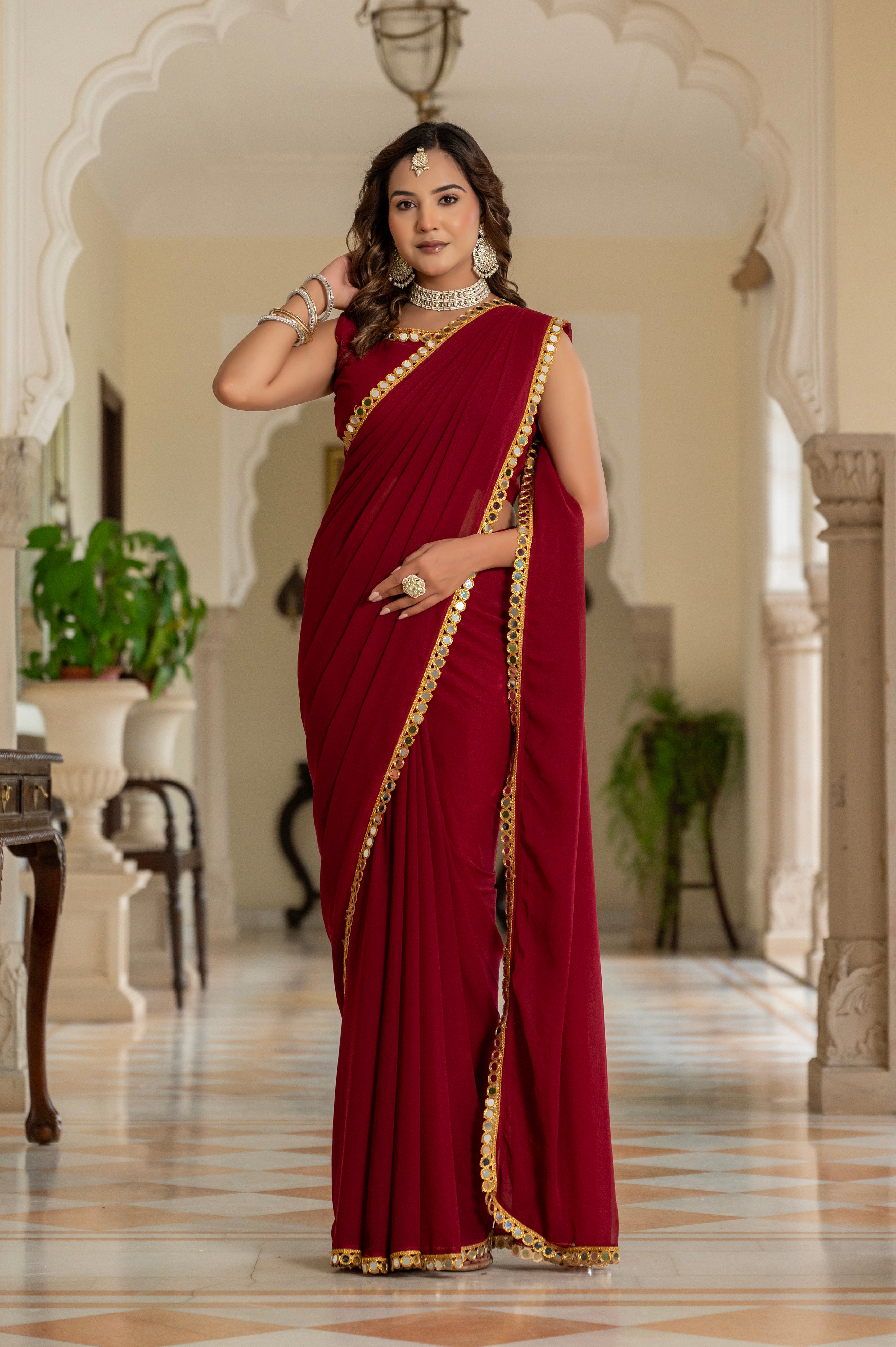 Elegant Maroon Mirror Work Georgette Saree