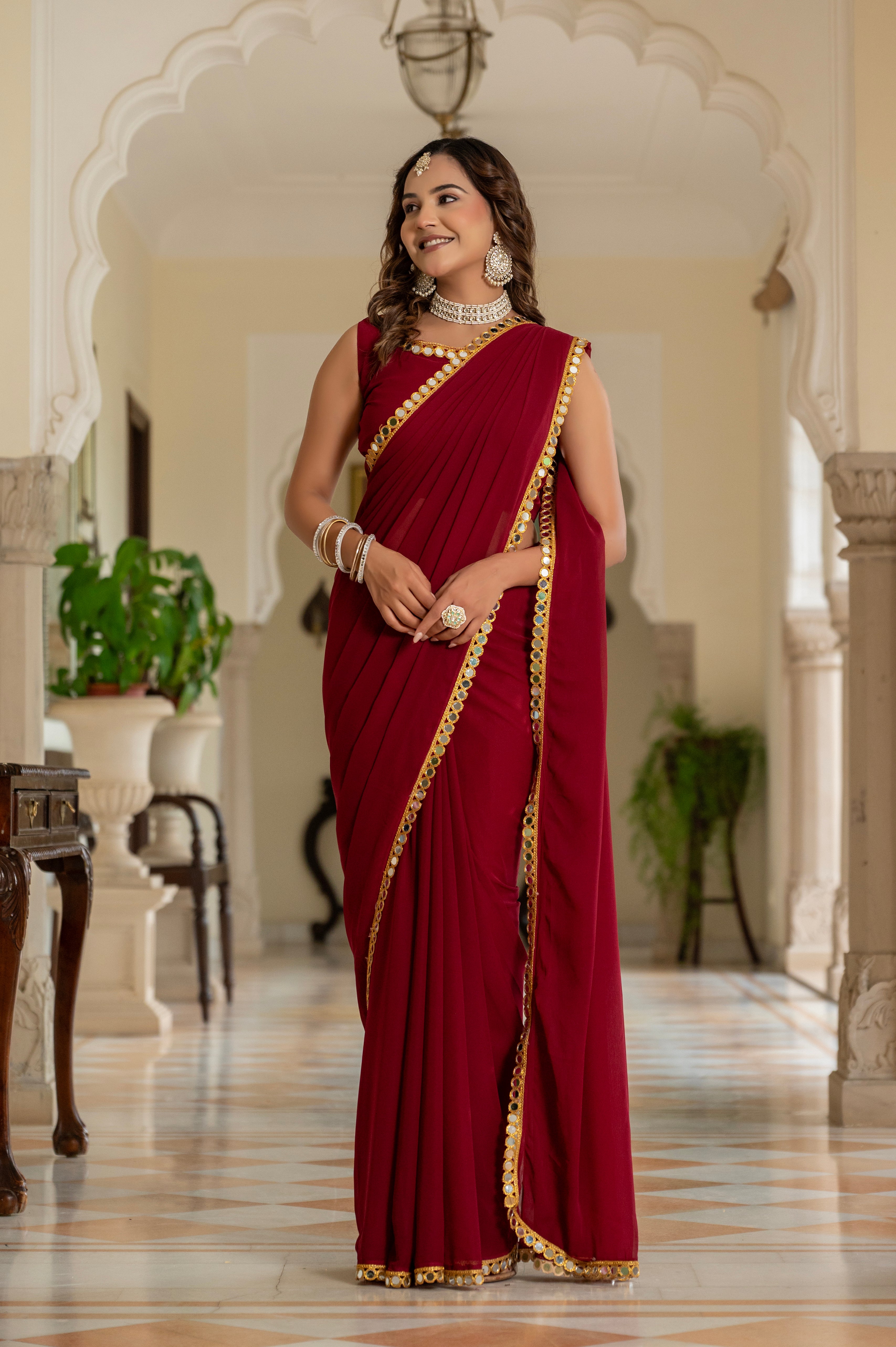 Elegant Maroon Mirror Work Georgette Saree