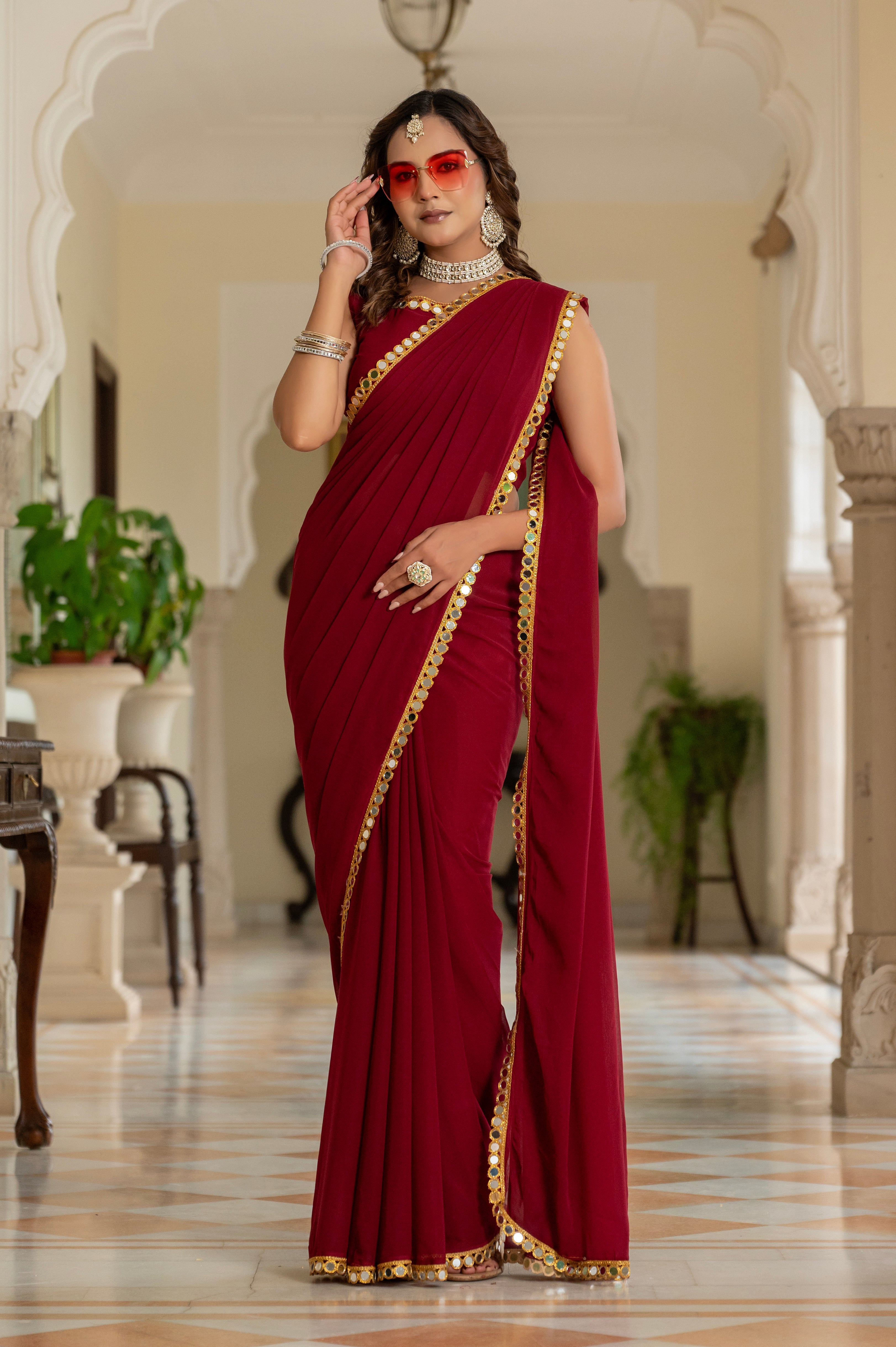 Elegant Maroon Mirror Work Georgette Saree