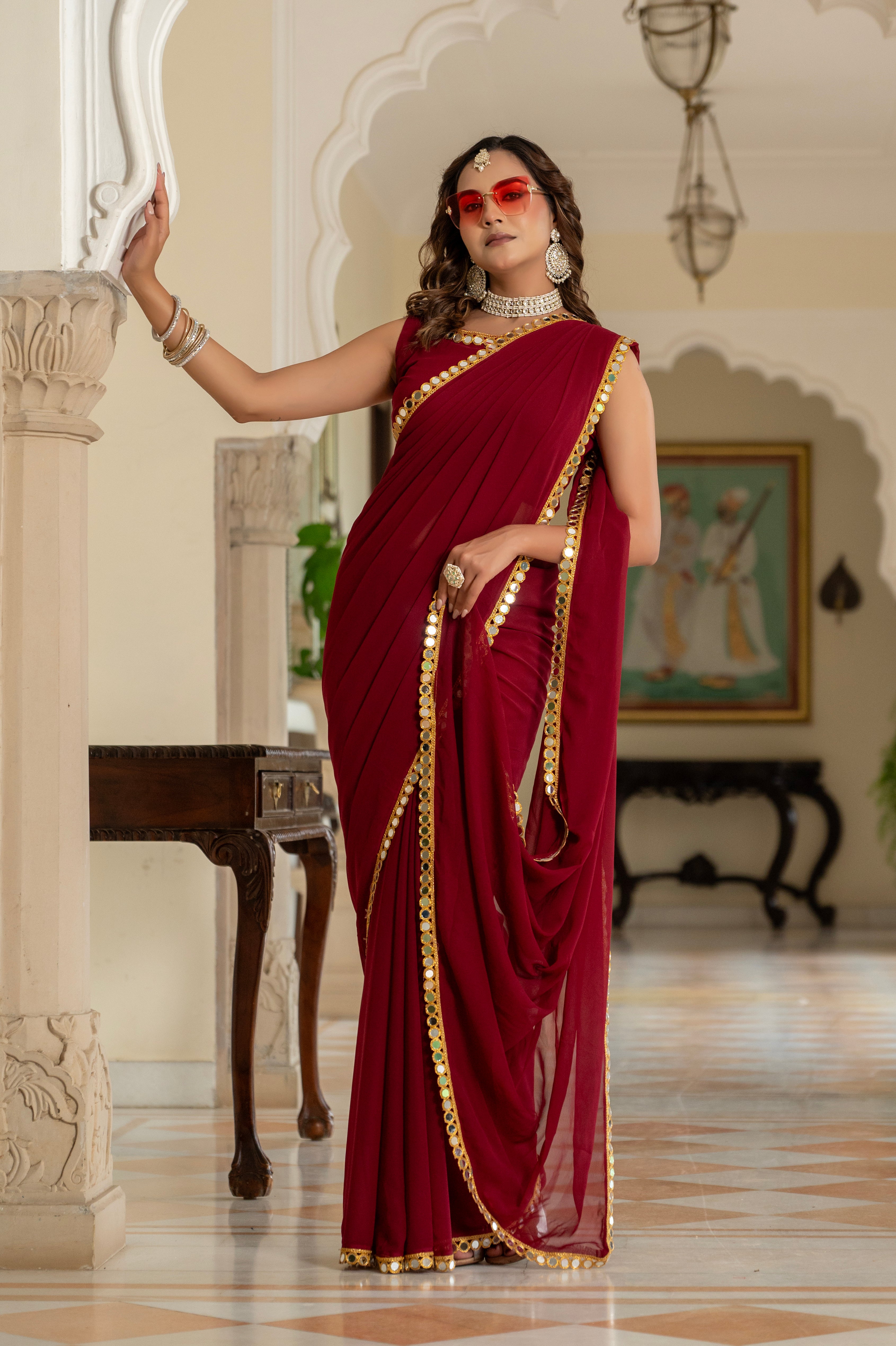 Elegant Maroon Mirror Work Georgette Saree
