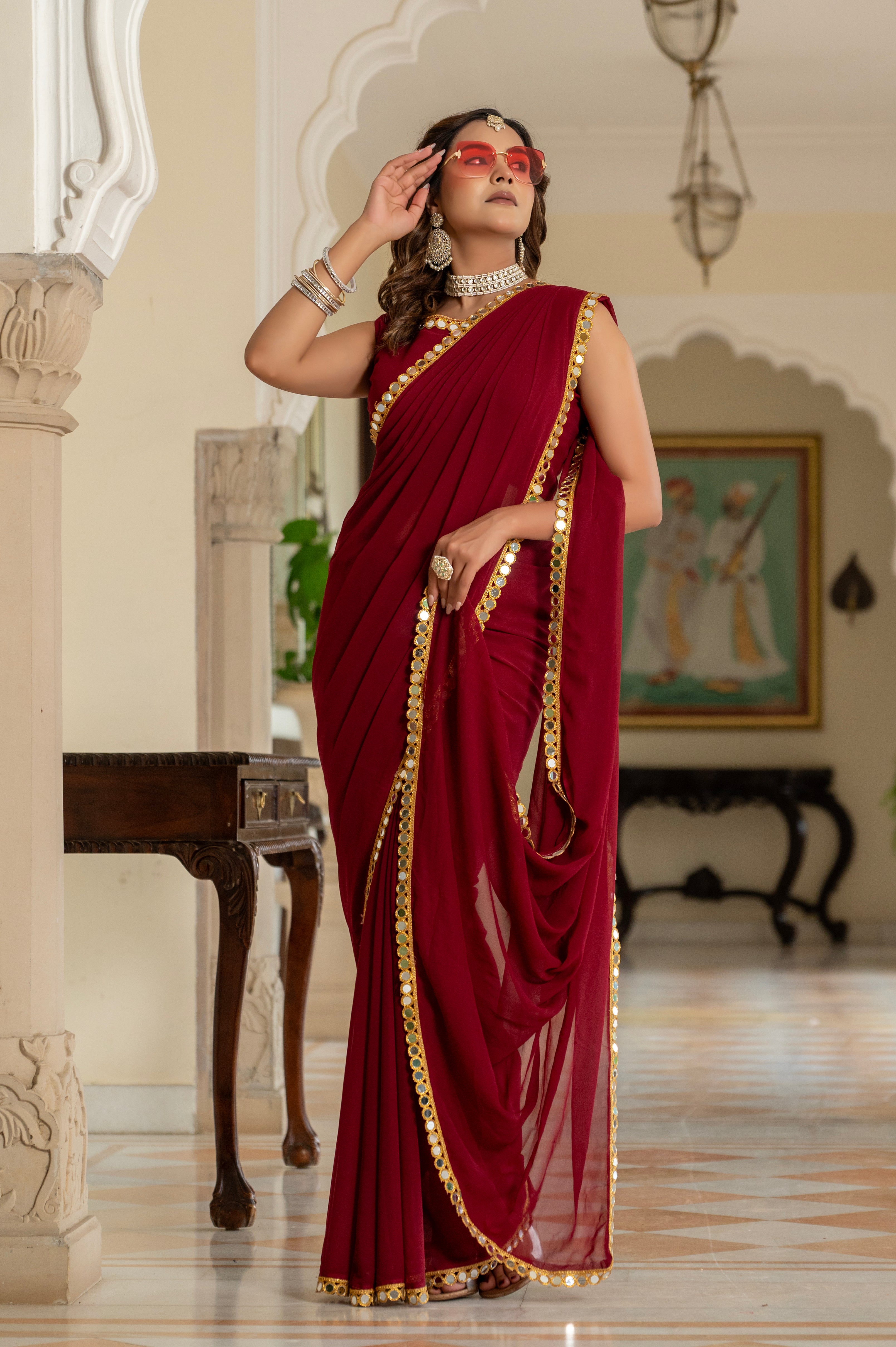 Elegant Maroon Mirror Work Georgette Saree