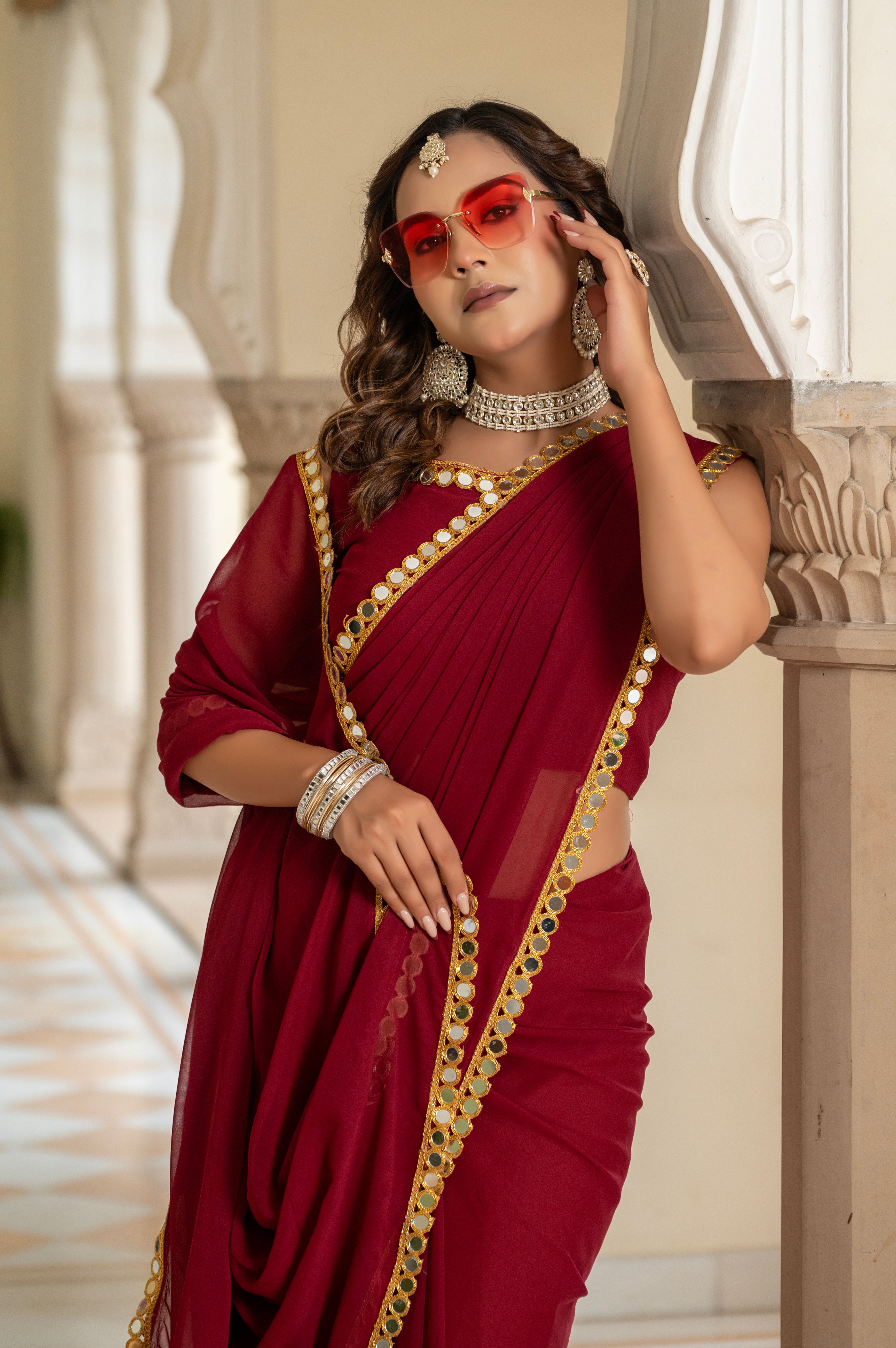 Elegant Maroon Mirror Work Georgette Saree