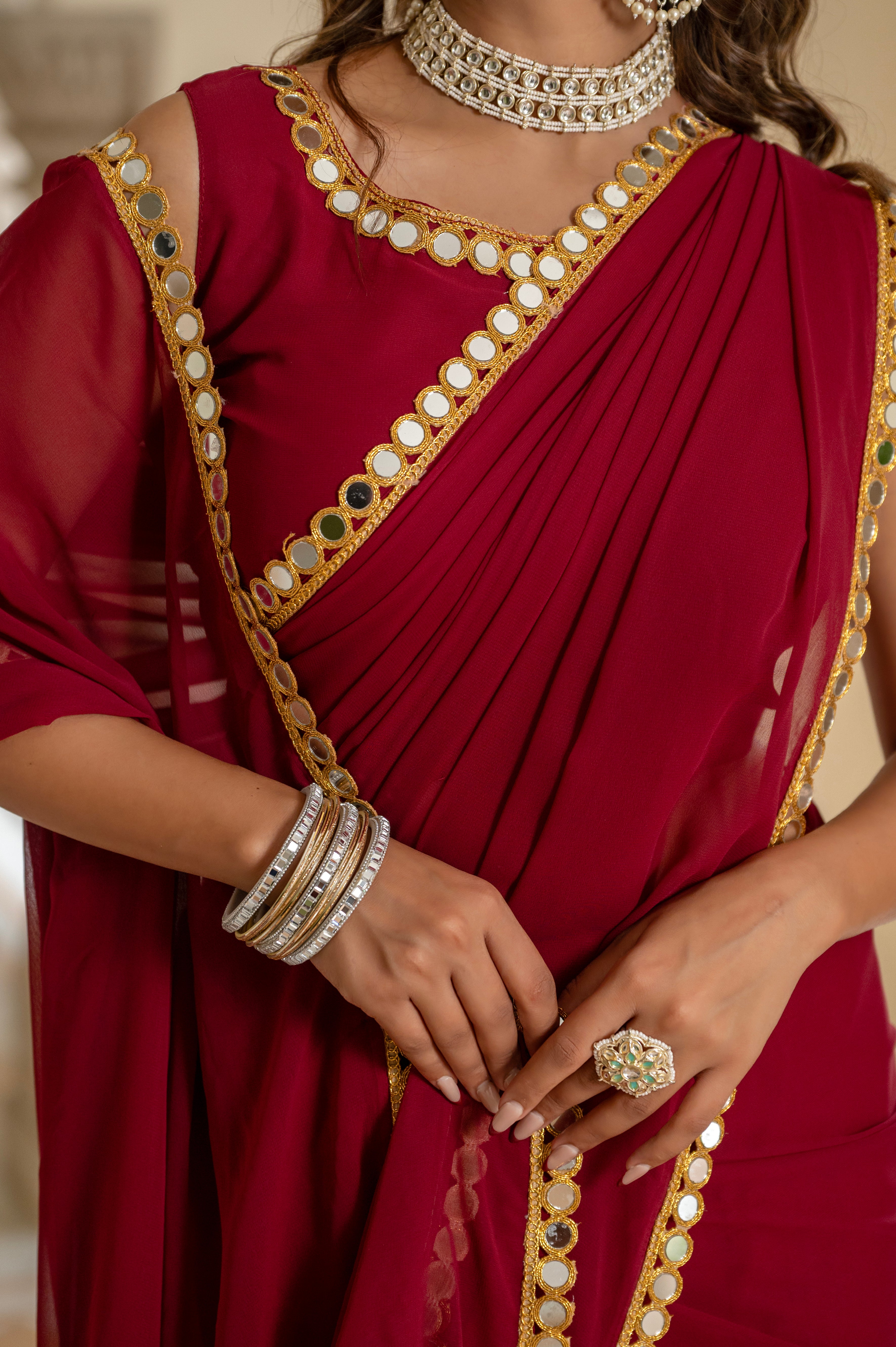 Elegant Maroon Mirror Work Georgette Saree
