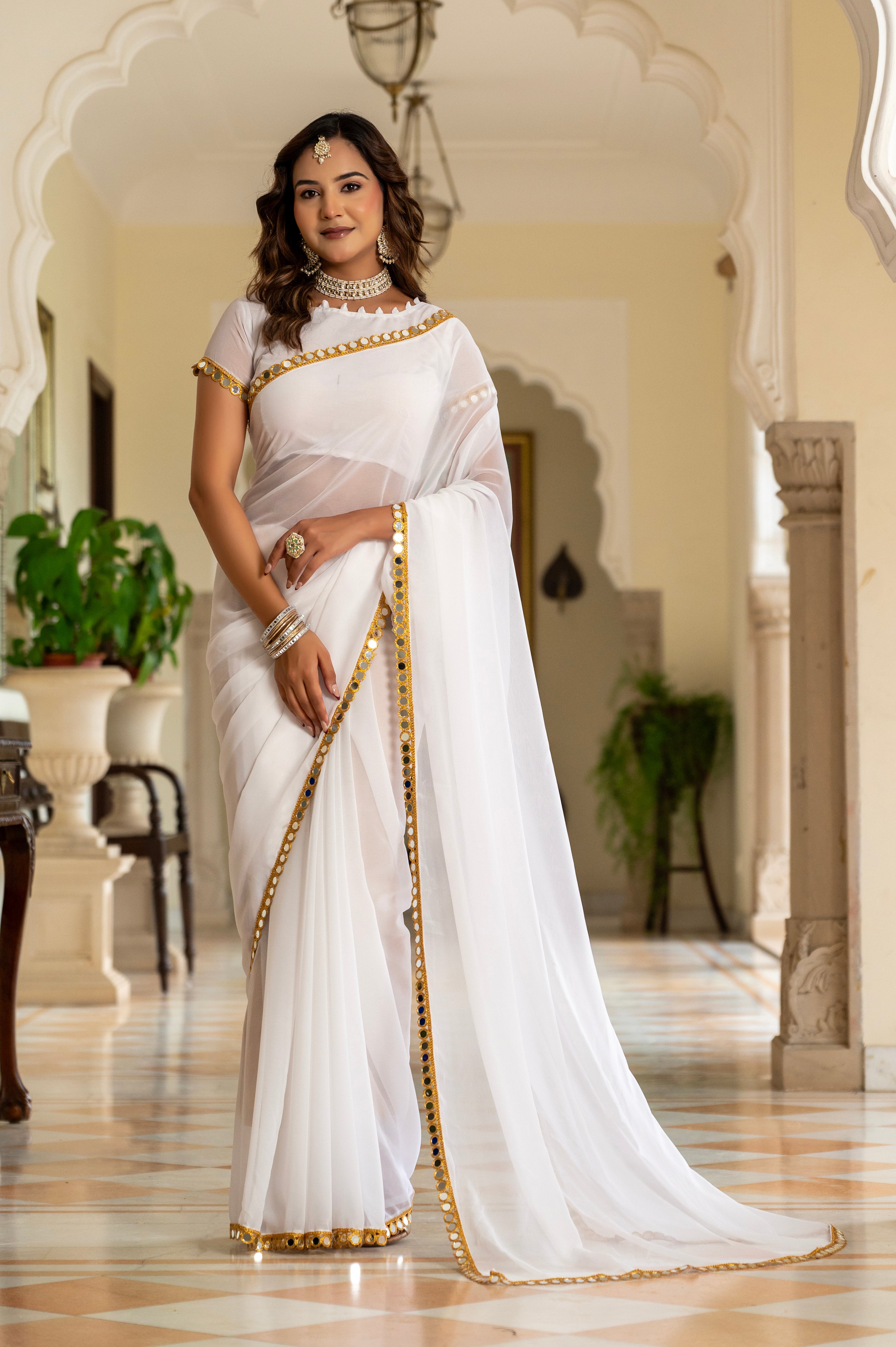 Elegant White Mirror Work Georgette Saree