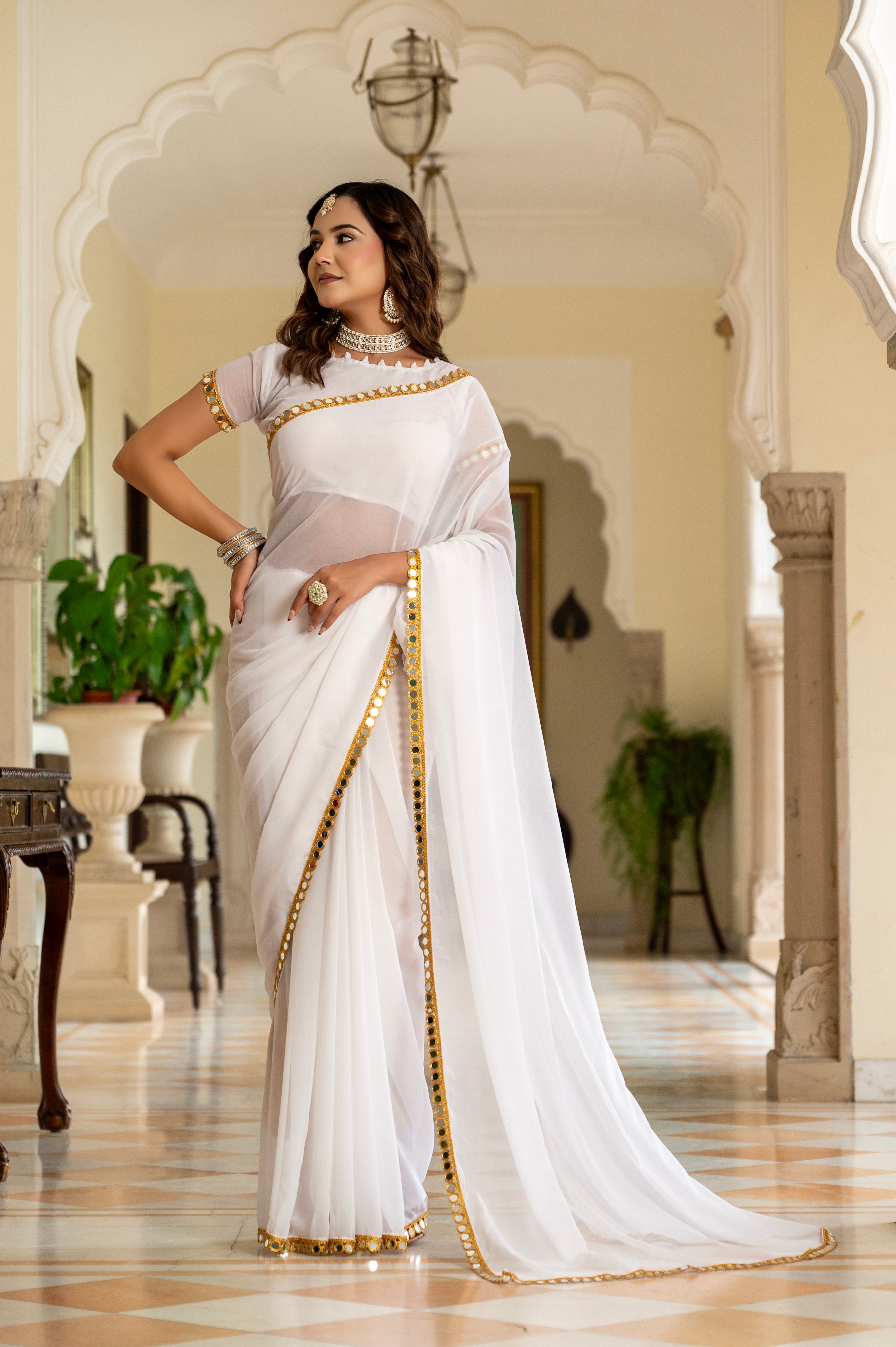 Elegant White Mirror Work Georgette Saree